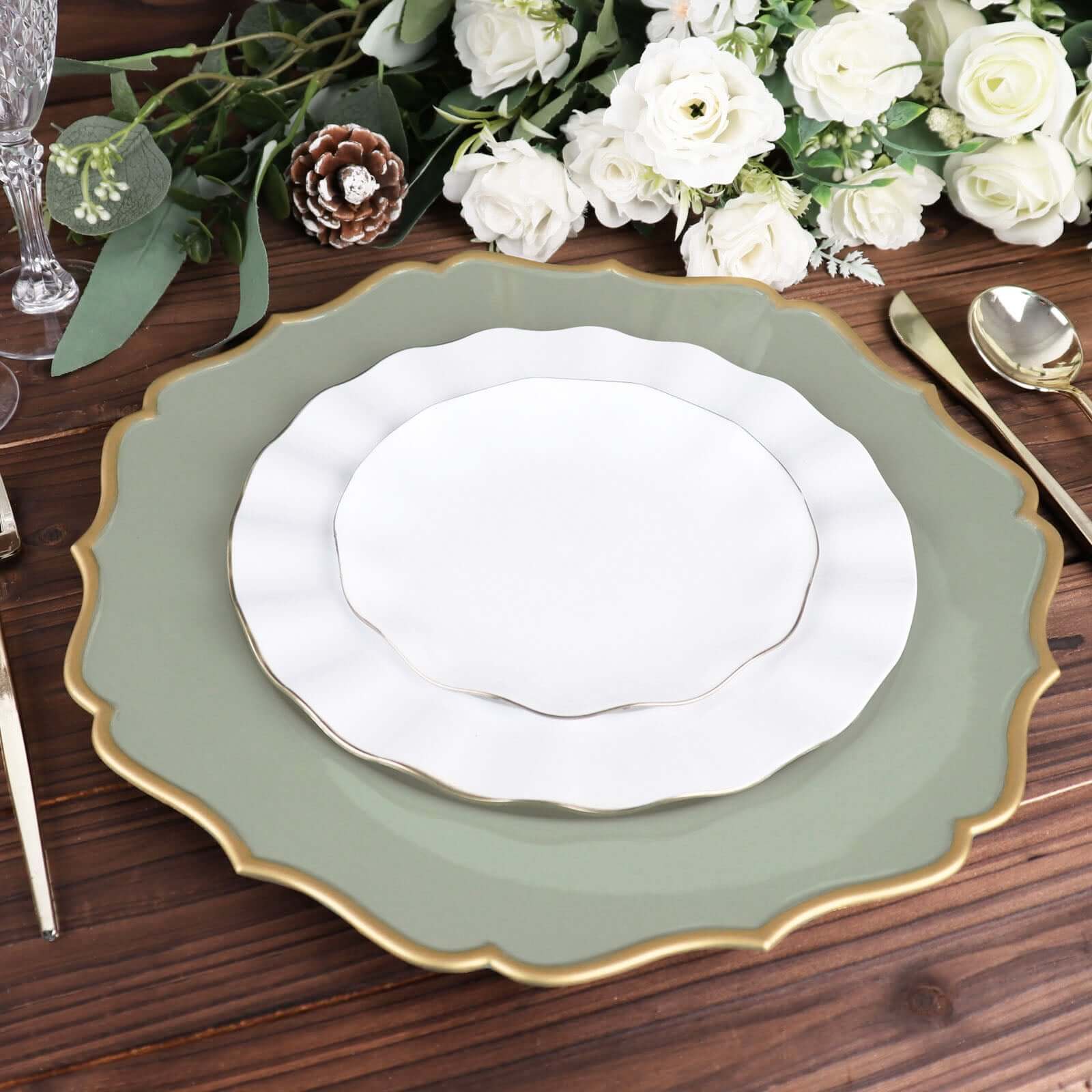 6-Pack Acrylic Round Charger Plates 13 in Dusty Sage Green with Gold Scalloped Rim, Decorative Dinner Party Plastic Charger Tableware