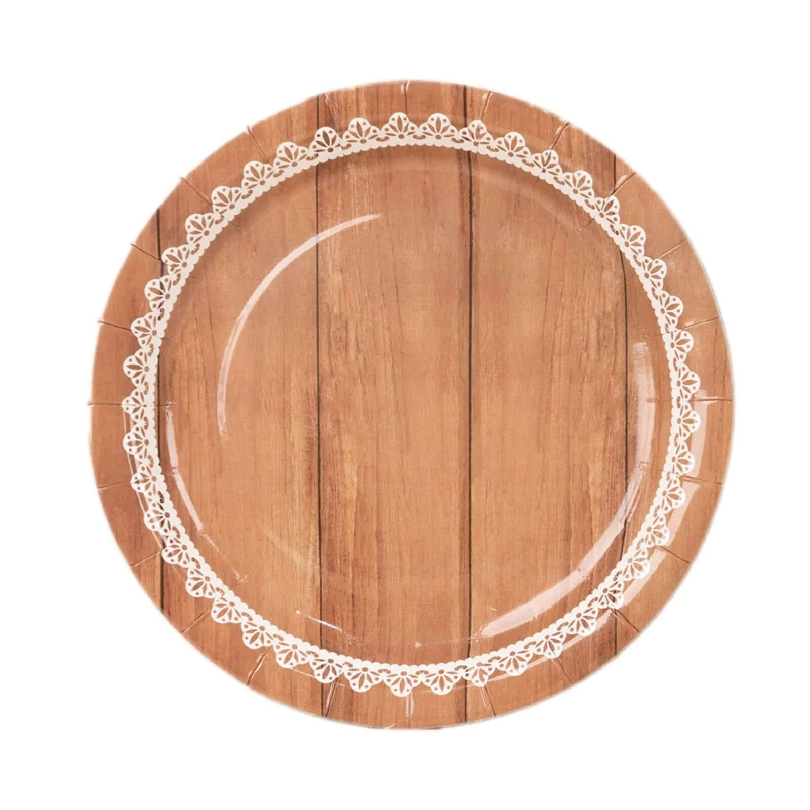 25-Pack Paper 9 Round Dinner Plates in Brown Wood Grain Print with White Floral Lace Rim - Disposable Party Plates for Rustic Farmhouse Style Events