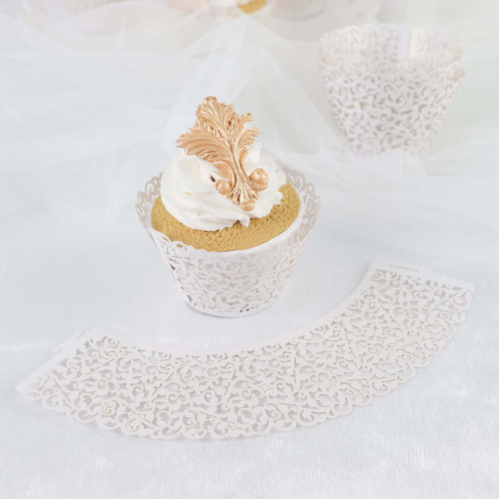 25-Pack Paper Cupcake Wrappers Lace Laser Cut Design White - Muffin Baking Cup Trays for Events