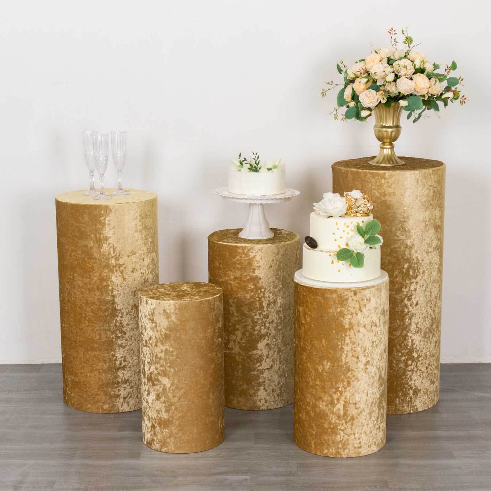 Set of 5 Champagne Crushed Velvet Cylinder Pedestal Stand Covers, Premium Pillar Prop Covers