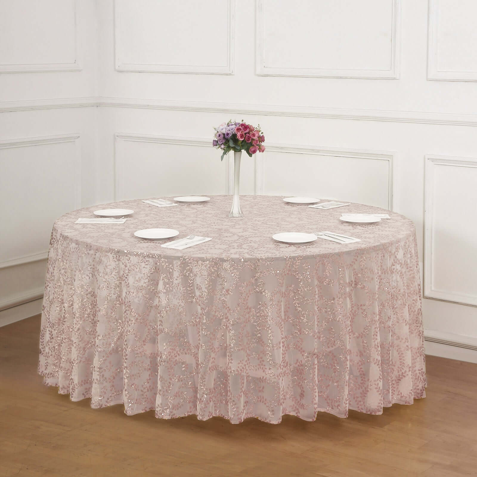 Tulle 120 Round Tablecloth Rose Gold - Seamless Sequin Leaf Embroidered Table Cover