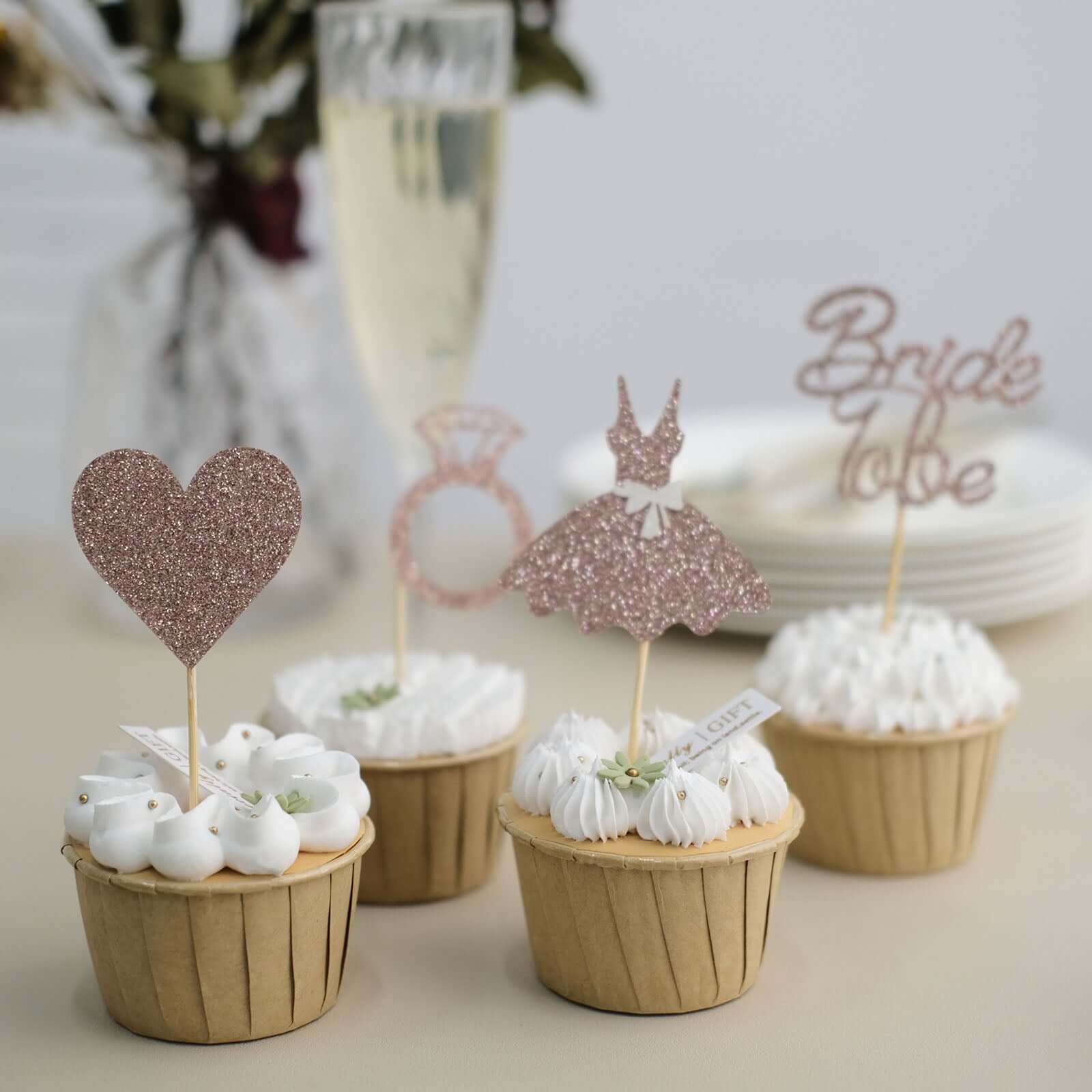 24-Pack Cupcake Topper Picks Bridal Shower Design Rose Gold Glitter - Wedding Cake Decoration Supplies Assorted Styles