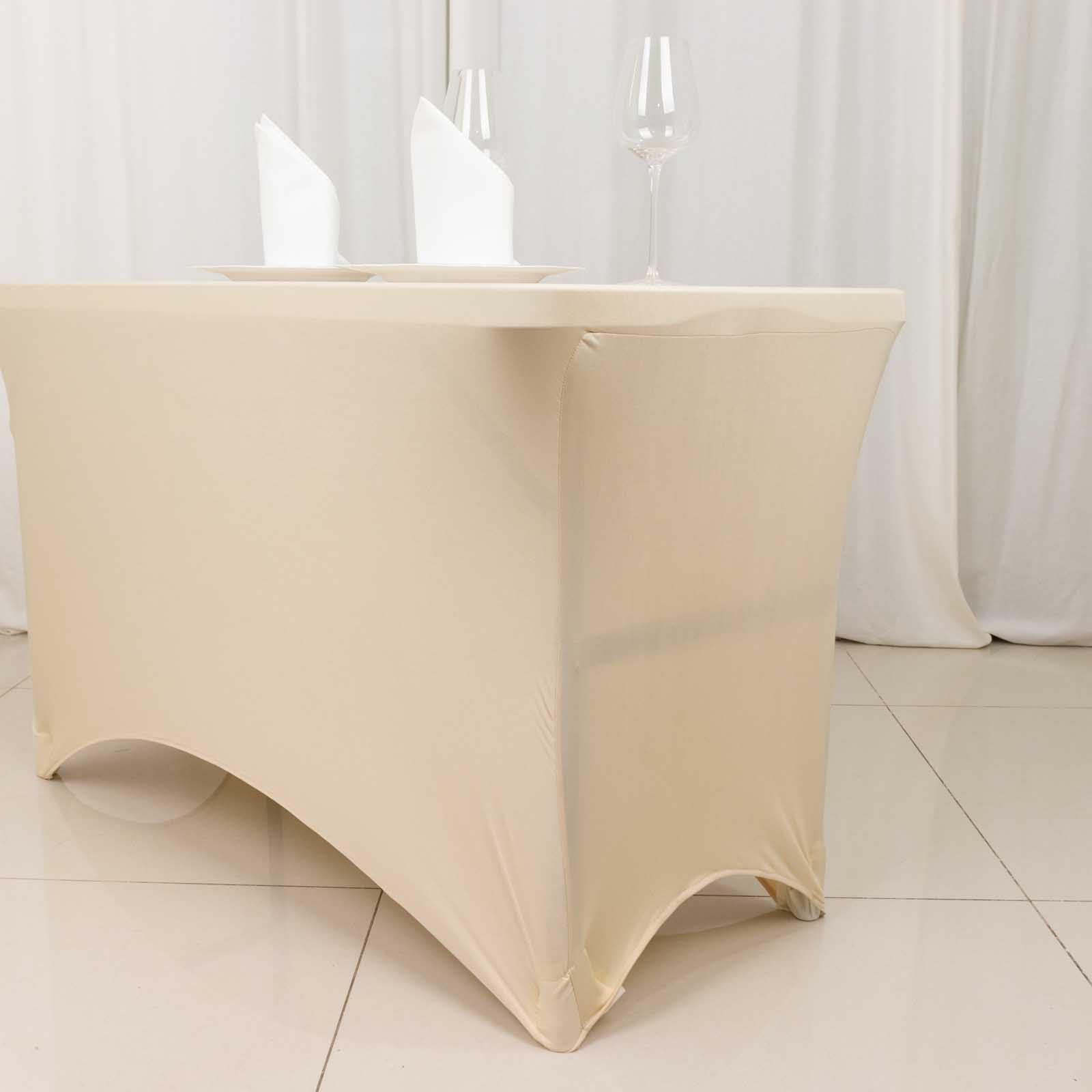 Stretch Spandex 48x30 Rectangle Tablecloth Beige - Durable Form-Fitting Table Cover