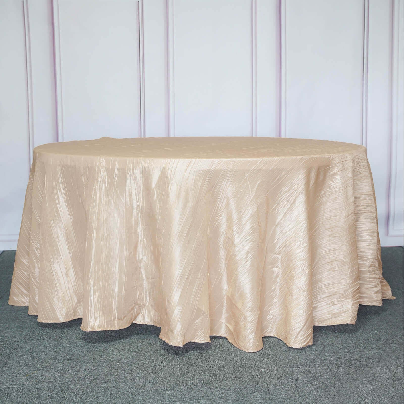 Taffeta 120 Round Tablecloth Beige - Seamless Accordion Crinkle Table Cover