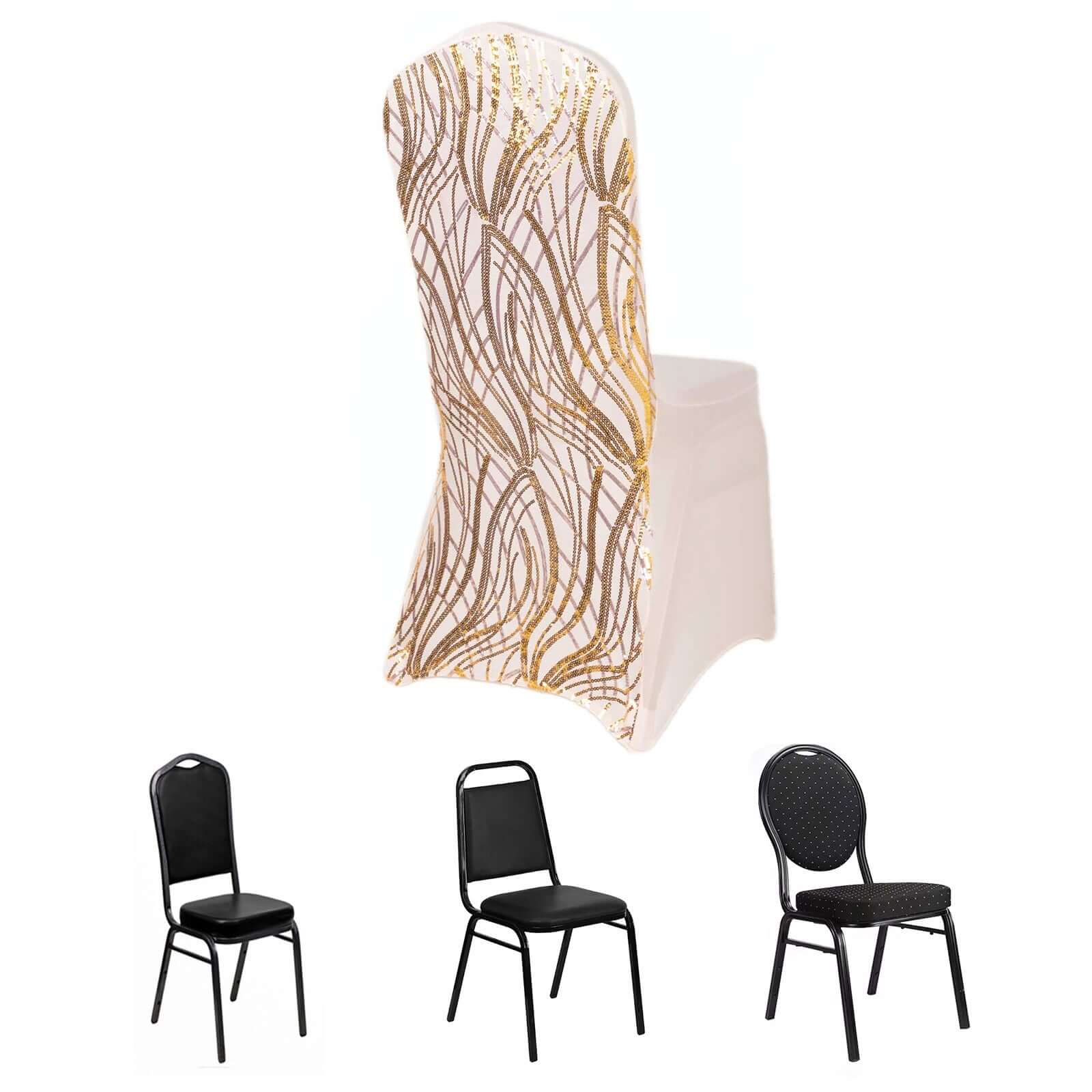 Spandex Chair Cover with Wave Embroidered Sequins for Banquet Chairs Rose Gold/Gold - Glittering Stretch Fitted Slipcover