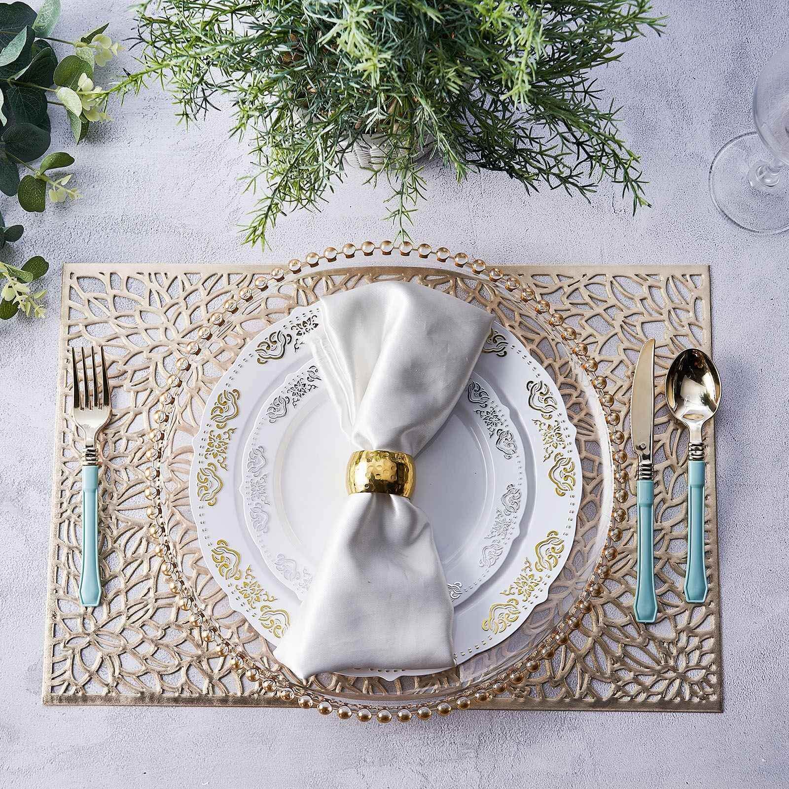 6-Pack Vinyl Placemats Gold Metallic with Floral Design - Stylish Non-Slip Rectangle Table Mats 12x18