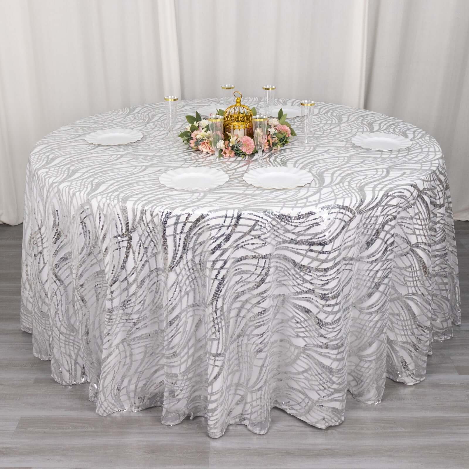 Sequin Mesh 120 Round Tablecloth Silver - Seamless Wave Embroidered Table Cover