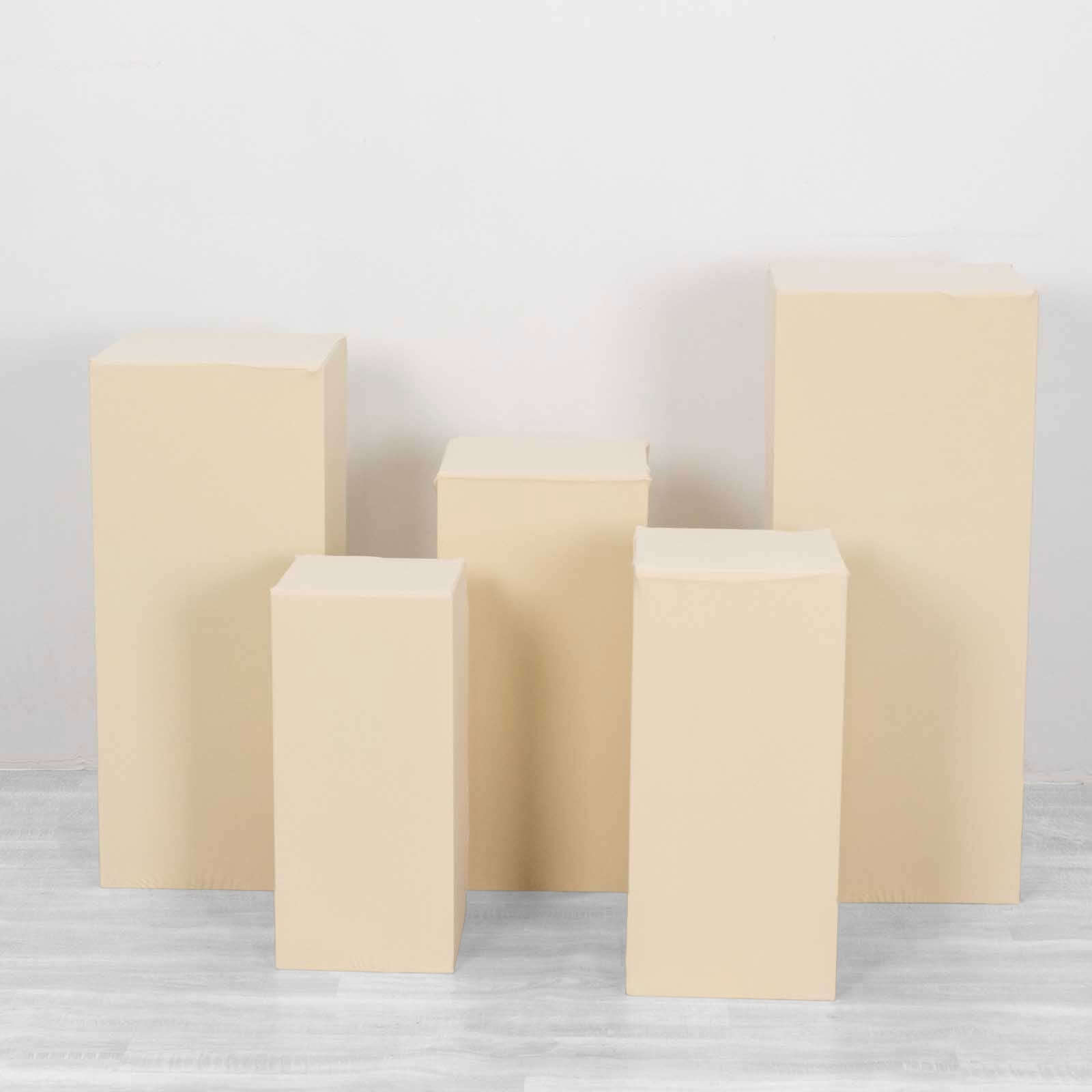 Set of 5 Beige Spandex Rectangle Pedestal Stand Covers, Stretchable Pillar Prop Covers - 160 GSM