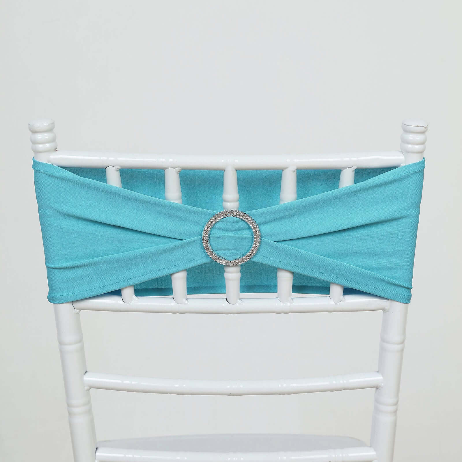 5 Pack Stretch Spandex Chair Sashes Turquoise - Reusable Chair Bands with Silver Diamond Ring Slide Buckle 5x14