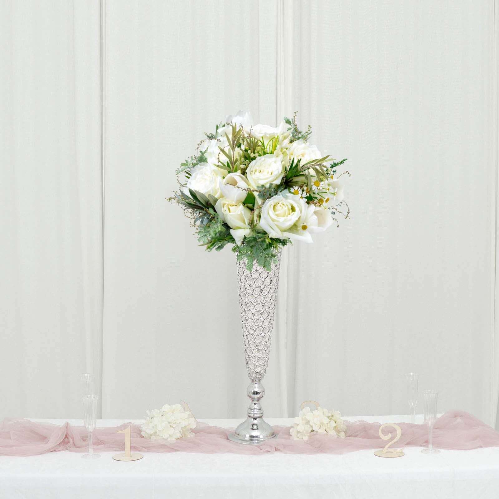 3-Pack Crystal Beaded Trumpet Vase Set Silver - Table Centerpiece for Weddings and Events 32