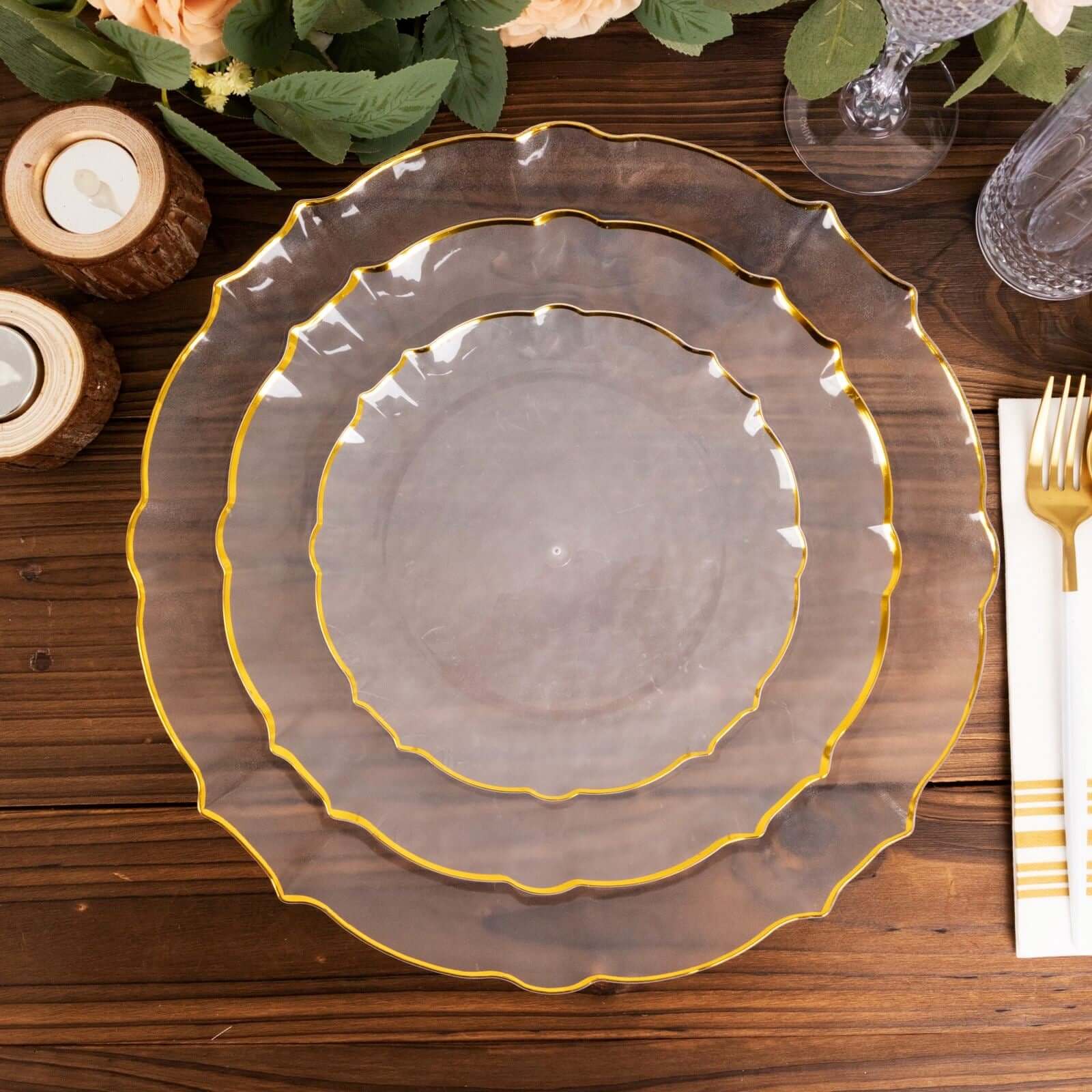 10-Pack Plastic 7 Round Dessert Appetizer Plates in Clear Sunflower with Gold Scalloped Rim - Disposable Salad Plates for Classy Events & Banquets