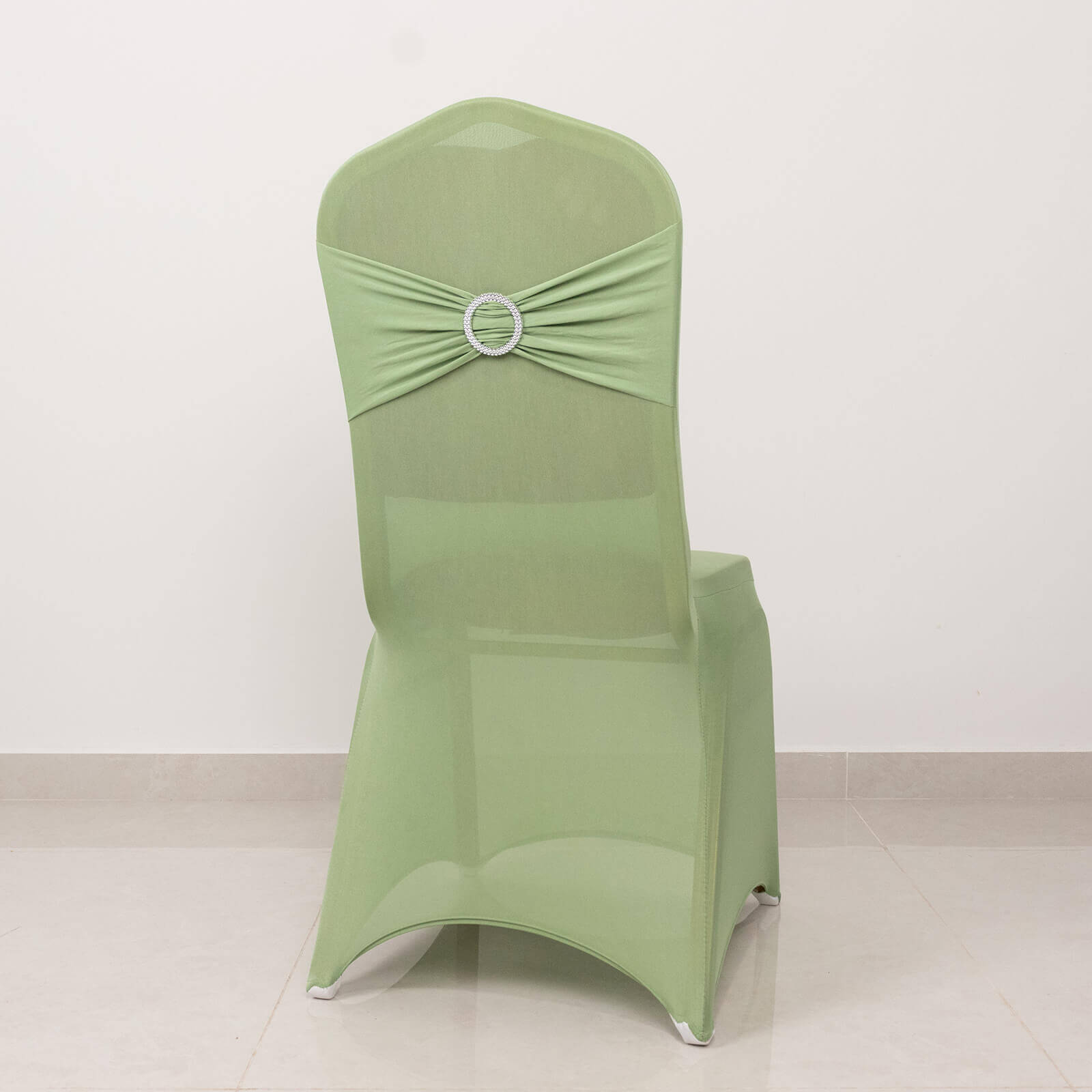 Spandex Chair Cover with Sage Green Rhinestone Buckled Sash Band Blush - Stretch Fitted Slipcover