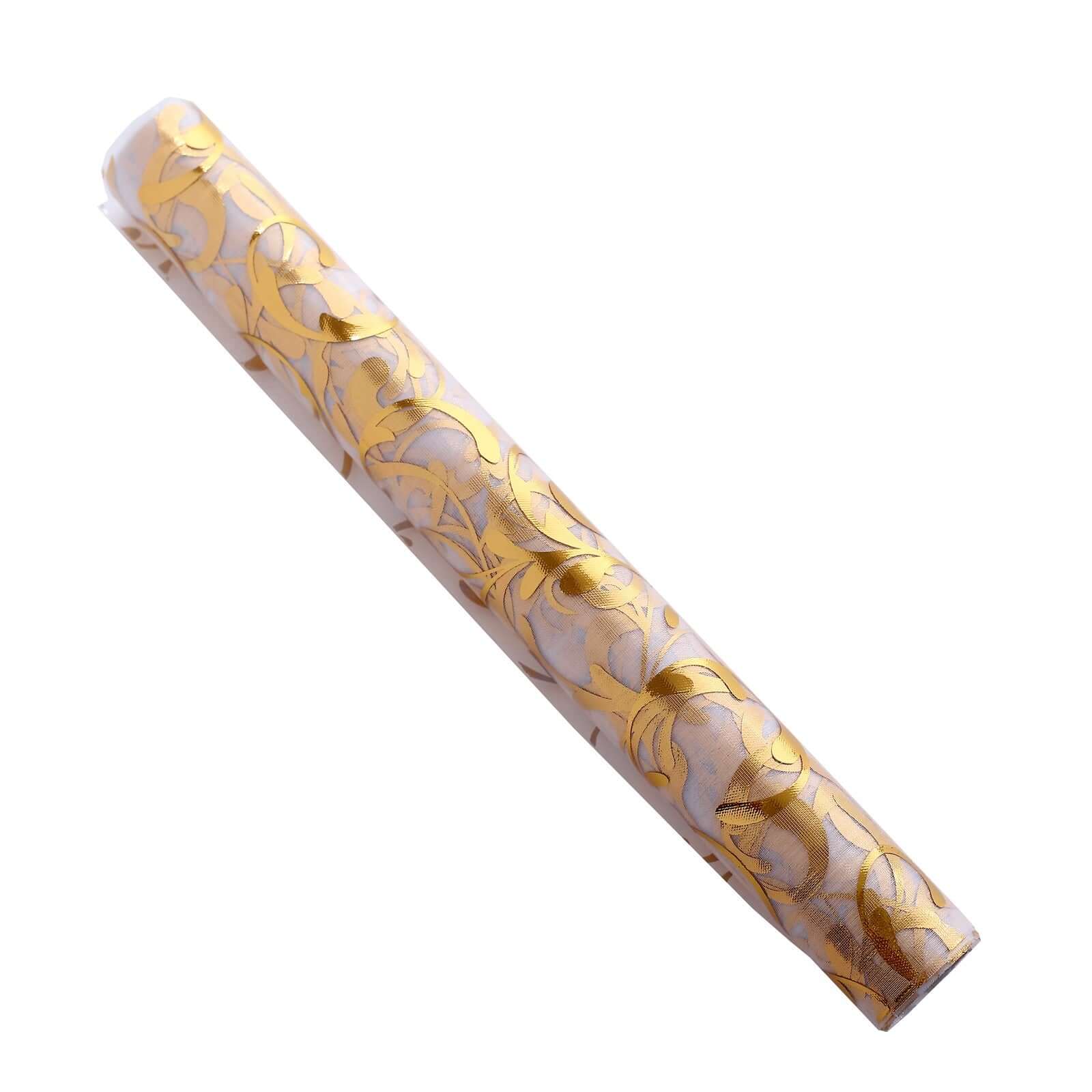 Sheer Organza 12x108 Table Runner Roll Metallic Gold Foil Embossed Floral Design - Stylish Event Decoration