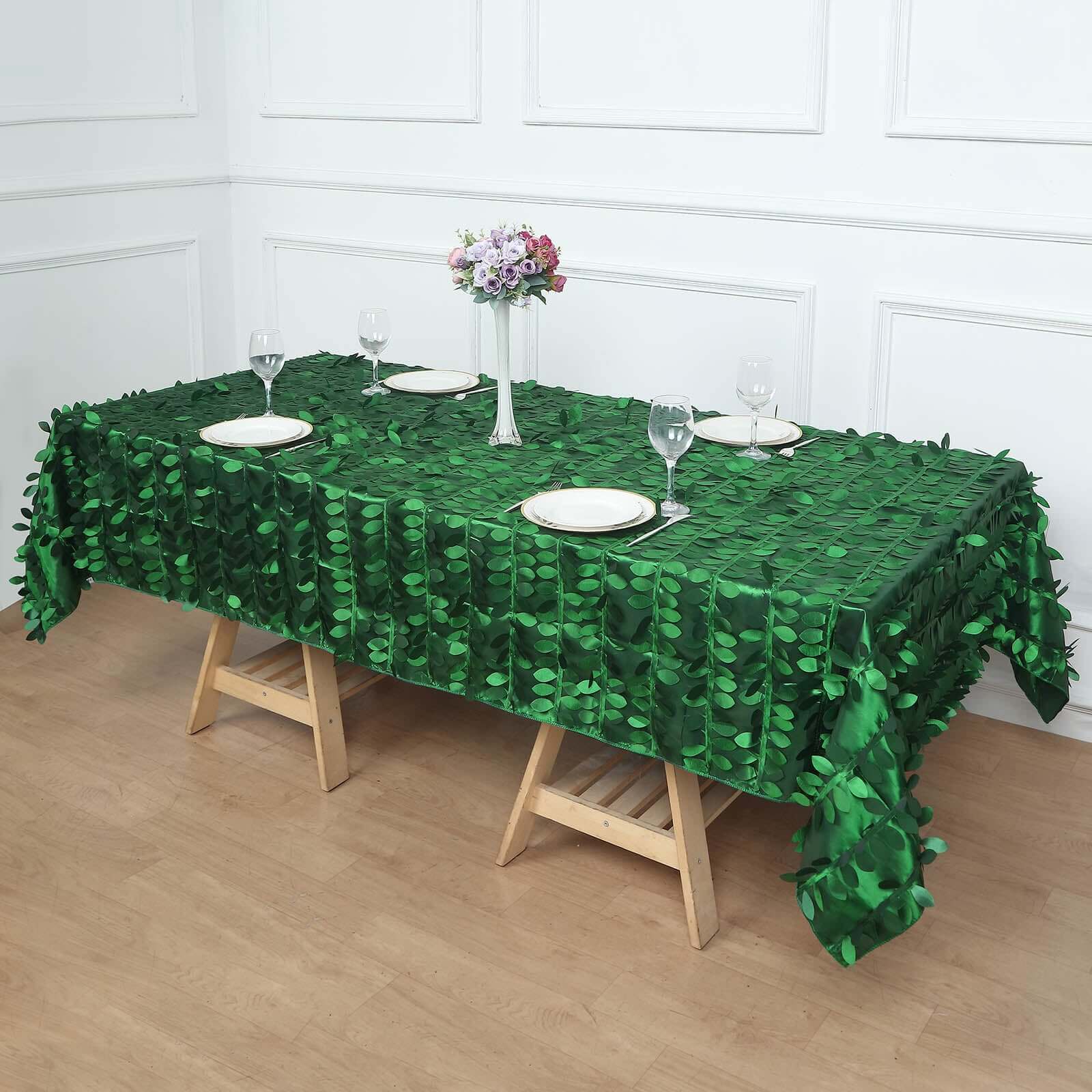 Taffeta 60x102 Rectangle Tablecloth Green | Exquisite 3D Leaf Petal Design for Chic Wedding & Event Decor