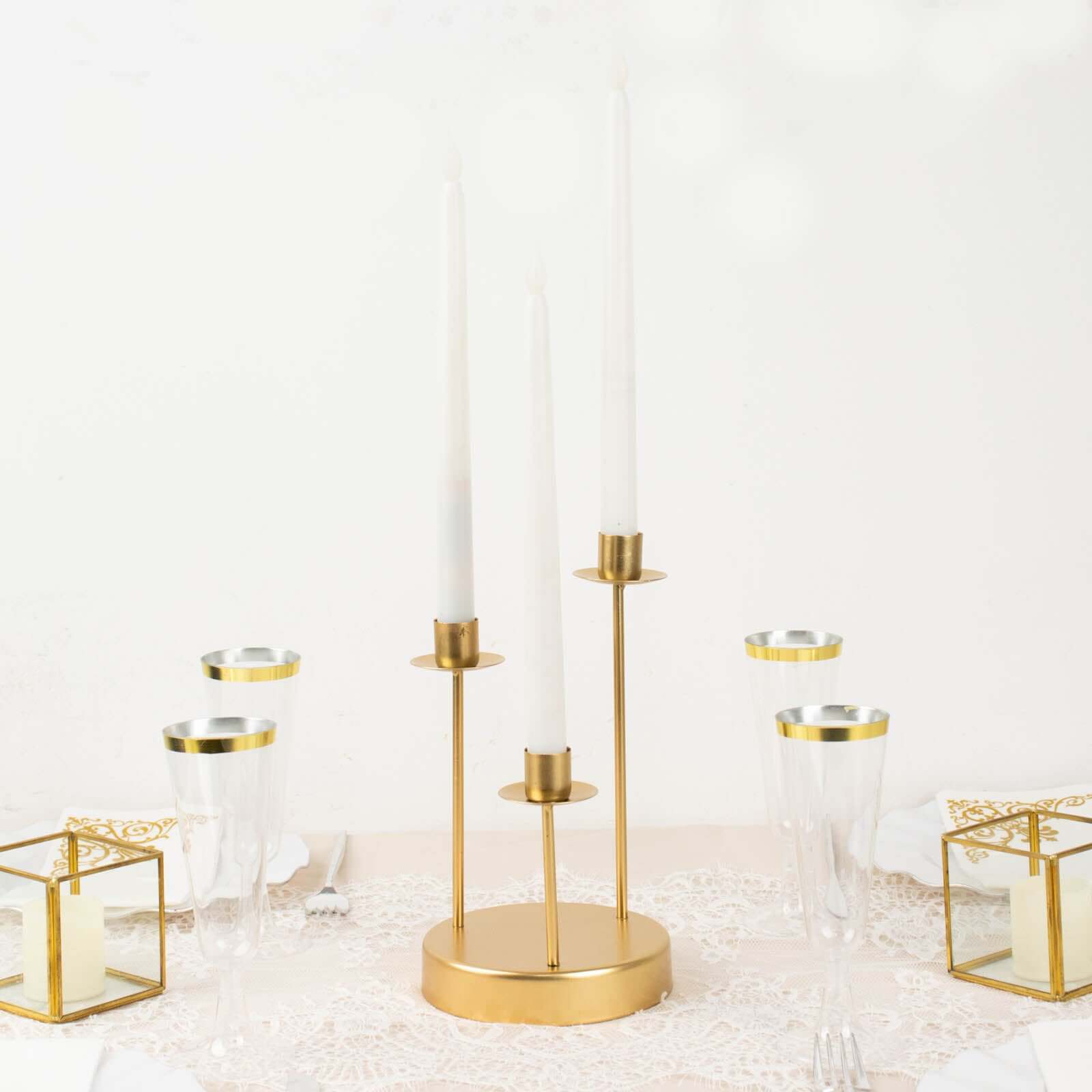 Vintage Candelabra 3-Arm Taper Candle Holder Gold Metal Wedding Table Centerpiece - Stylish Tabletop Accent 10