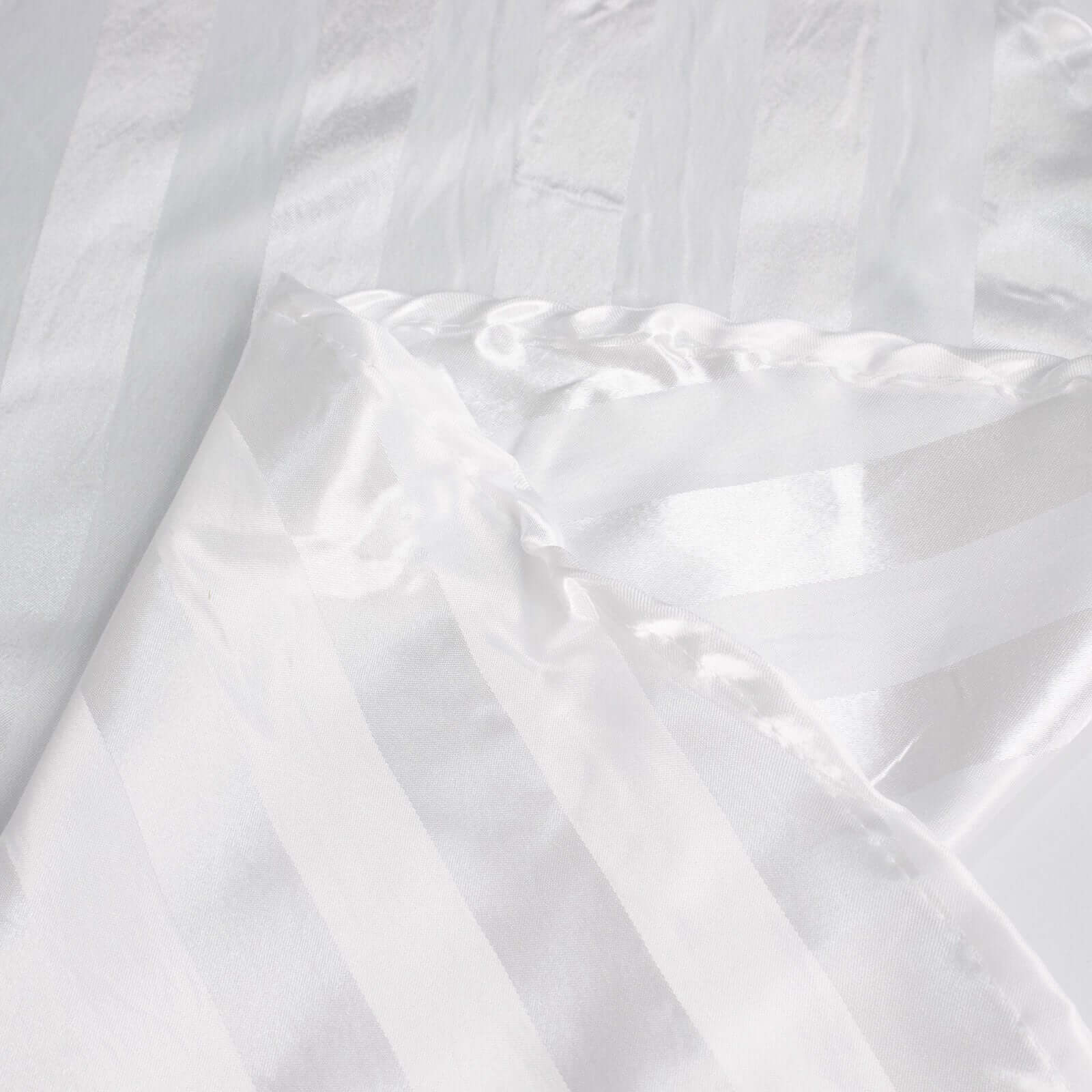 Satin Striped 90x132 Rectangular Tablecloth White Satin Stripe - Seamless Silky Smooth Wedding Decor