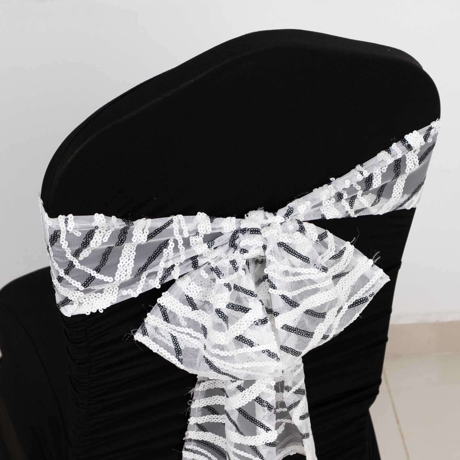 5 Pack Chair Sashes with Wave Embroidered Sequins White/Black 6x88 - Stylish Glittering Decor for Weddings