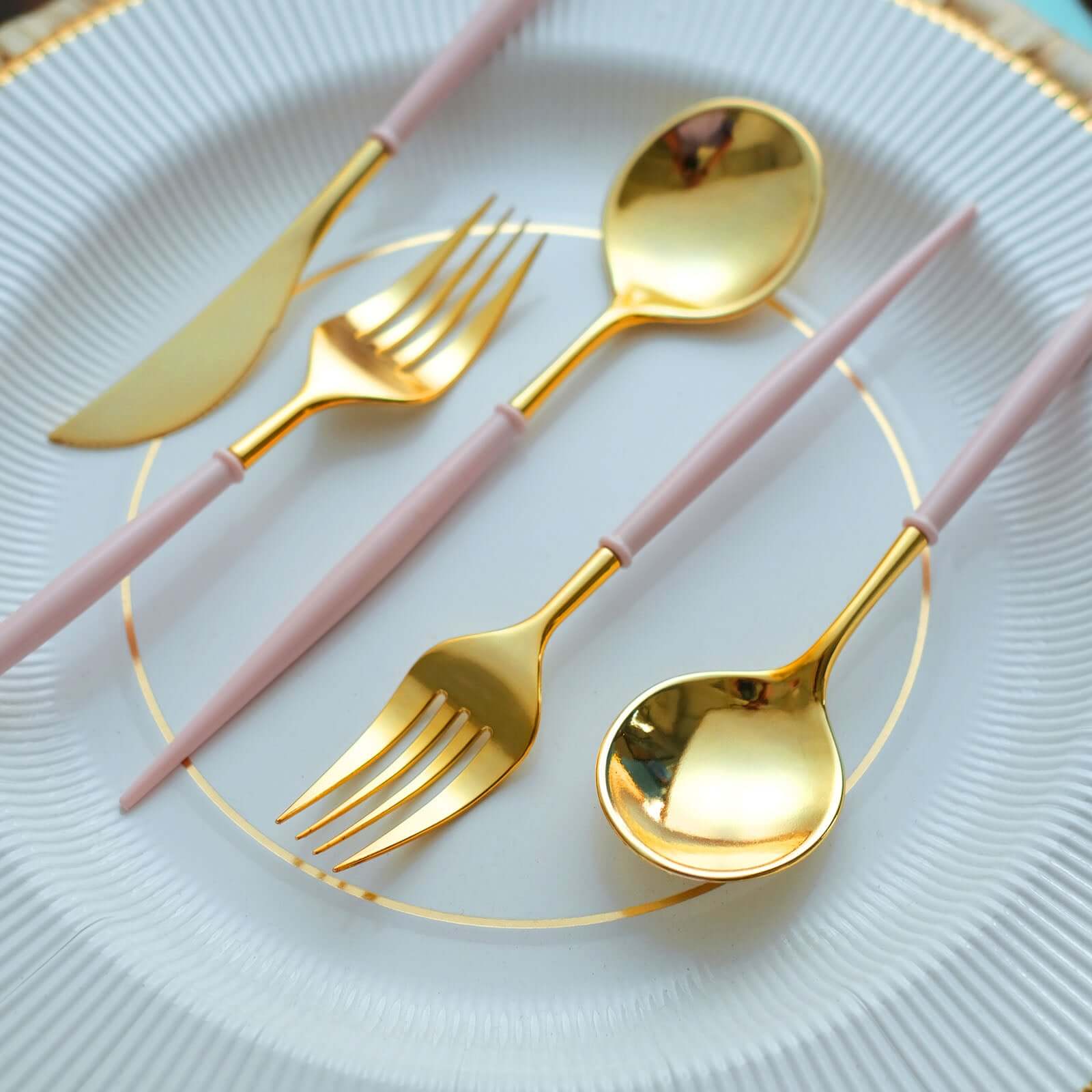 24-Pack Plastic Flatware Set in Metallic Gold with Blush Handle - Heavy Duty Disposable Modern Silverware 8