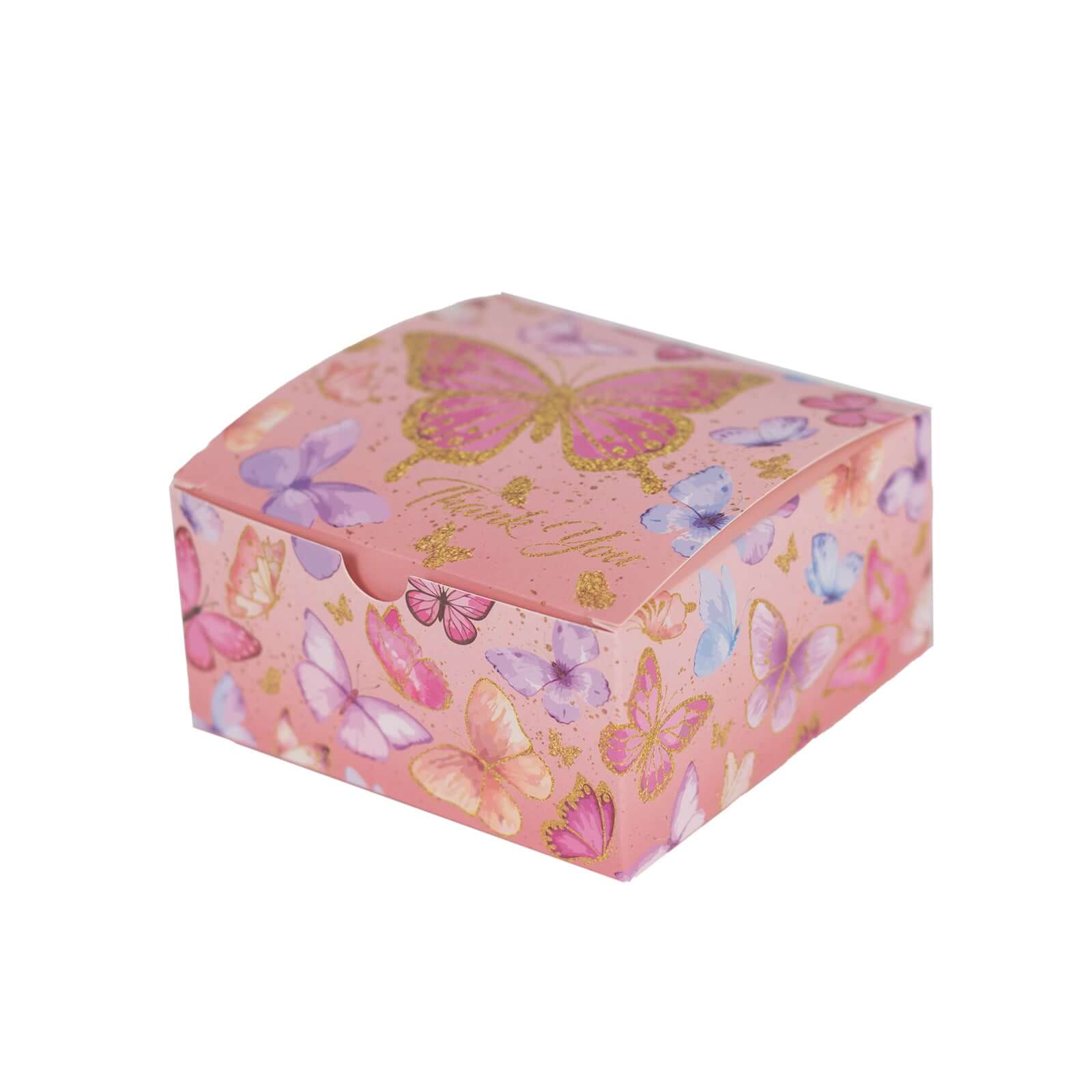 25 Pack Pink Butterfly Themed Candy Gift Boxes with Thank You Print, Cardstock Paper Party Favor Boxes - 4x4x2