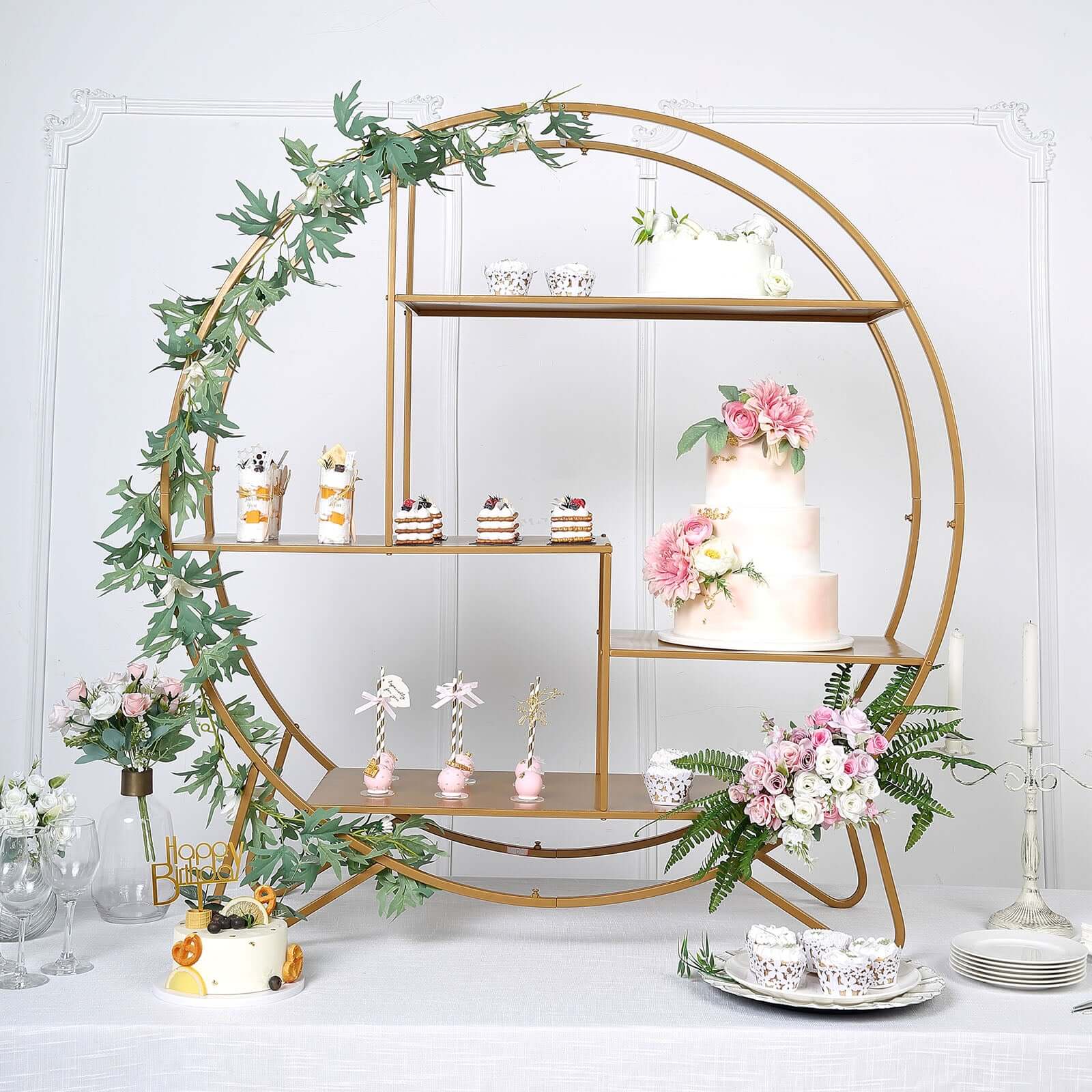 Metal Round Cake Dessert Display Stand 4ft Gold - Sturdy Large Modern Shelf Rack for Event Backdrops Balloon Garlands Floral Installations & Bookcase