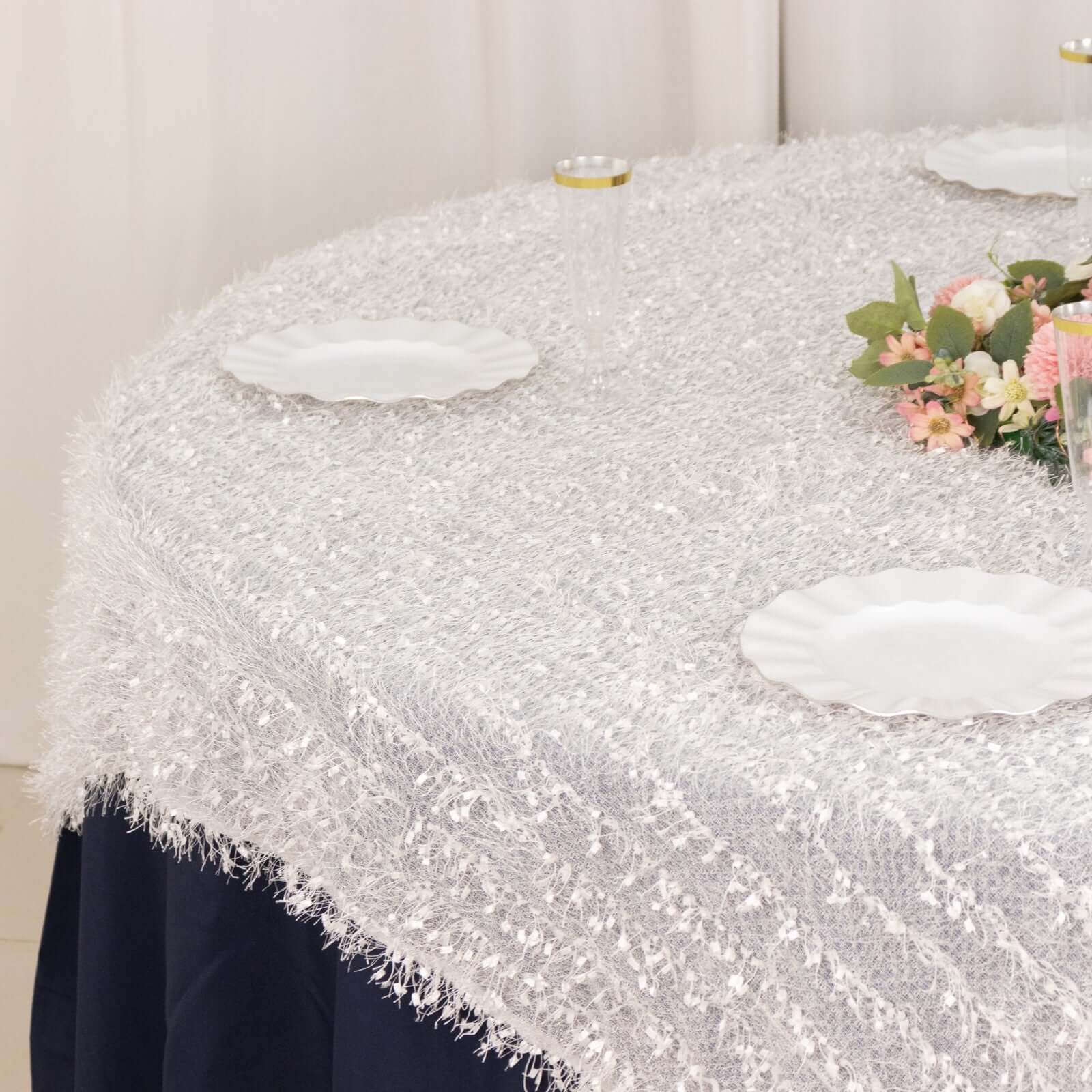 Polyester 72x72 Table Overlay Square Tablecloth White Fringe Shag Design for Stylish Celebrations