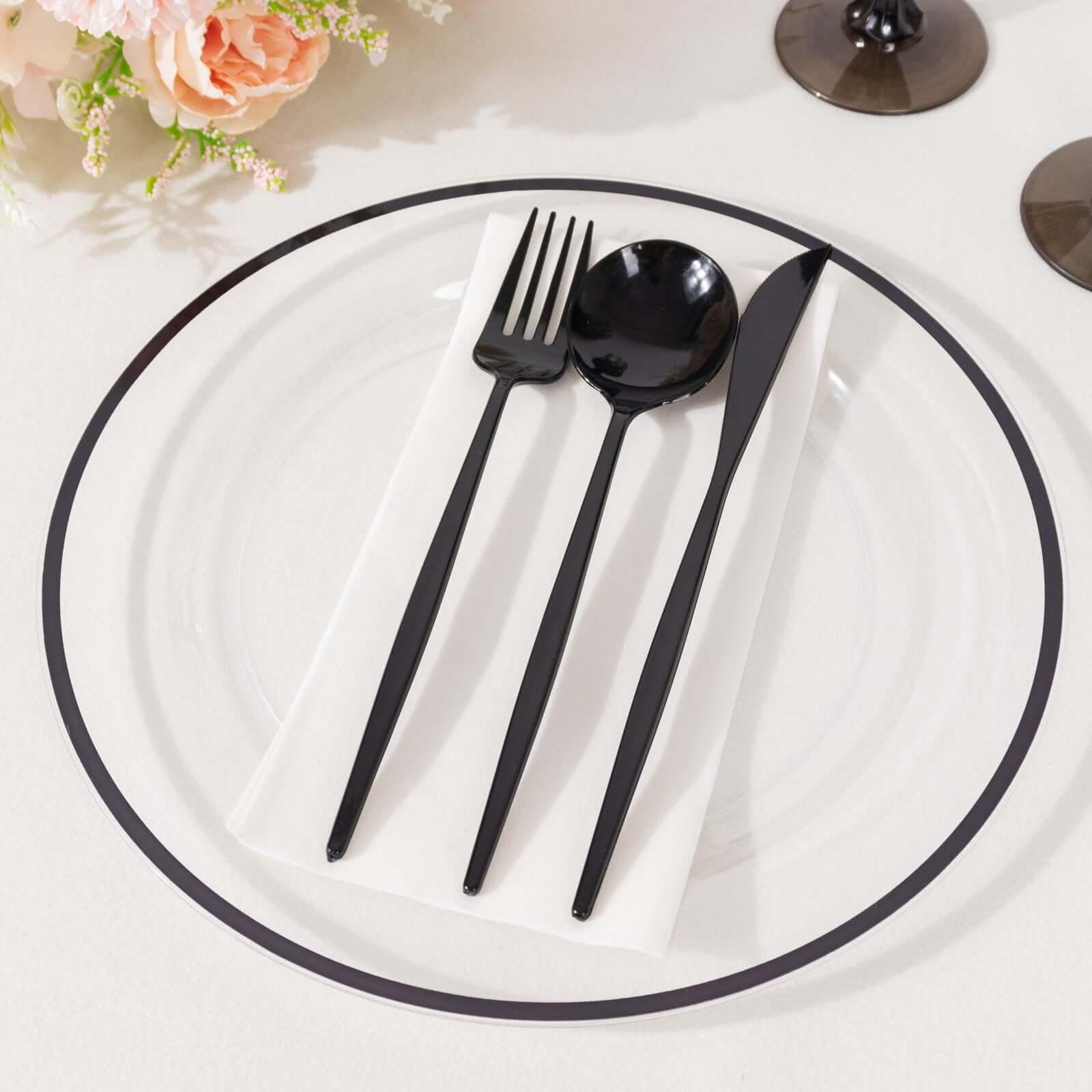 10-Pack Plastic 10 Round Dinner Plates in Clear with Black Rim - Disposable Party Plates for Classy Banquets & Special Occasions