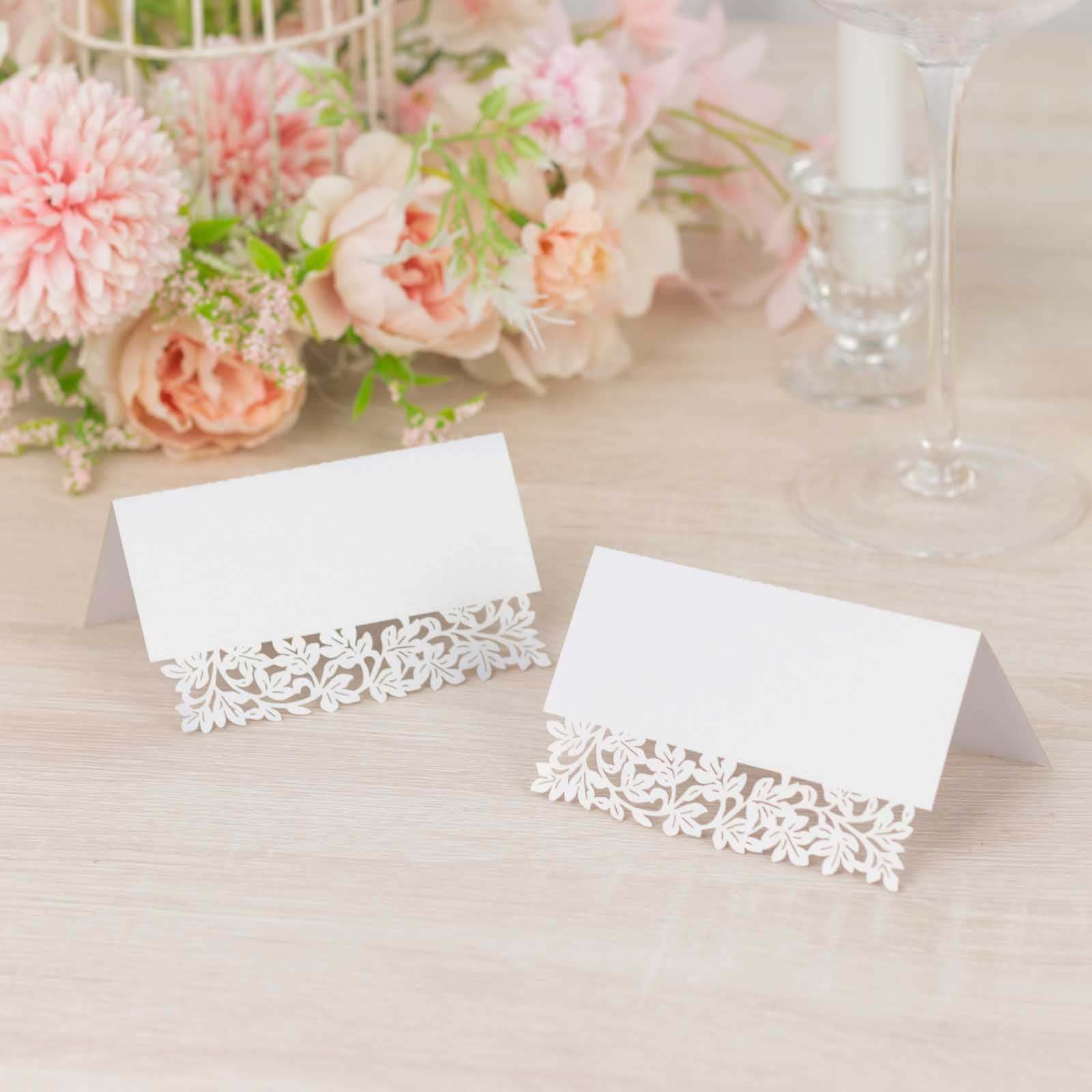 50-Pack Wedding Place Cards with Laser Cut Leaf Vine Design White - Printable Reservation Seating Tent Cards 210 GSM