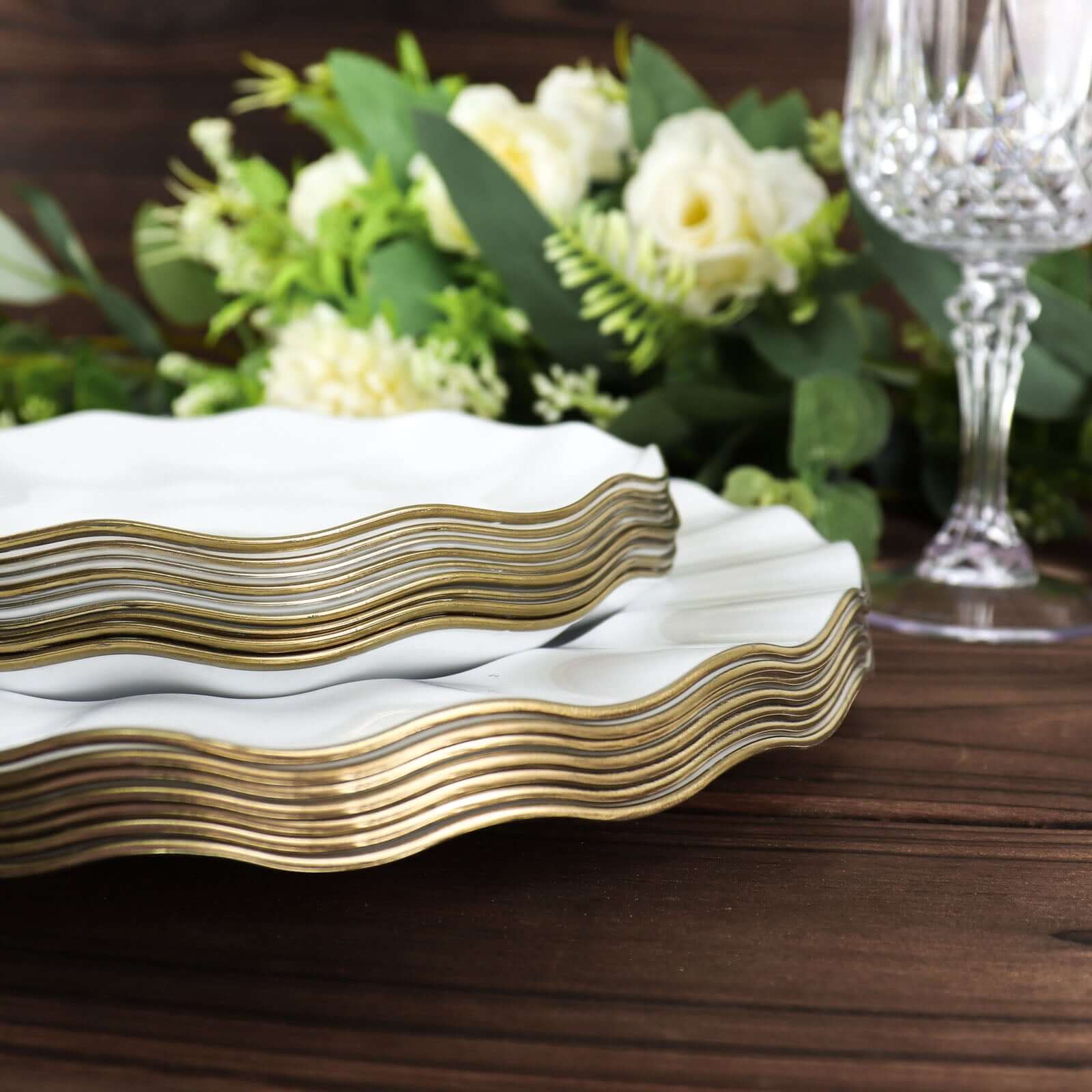 10-Pack Plastic 9 Round Dinner Plates in White Ruffled Rim with Gold Edging - Sturdy Disposable Dinnerware for Classy Events & Banquets