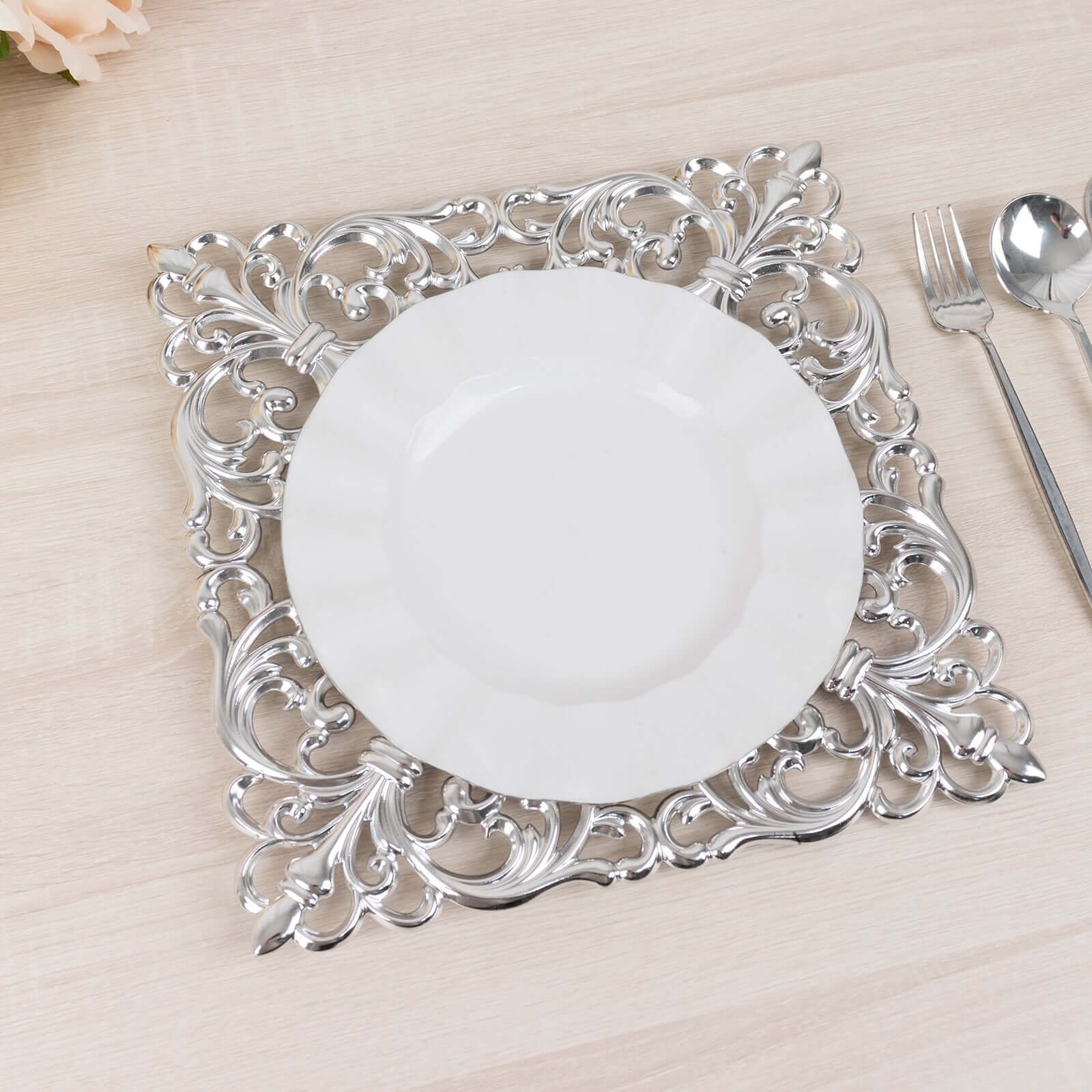 6-Pack Acrylic Square Charger Plates 12 in Silver with Hollow Lace Border, Event Tabletop Decorative Charger Tableware