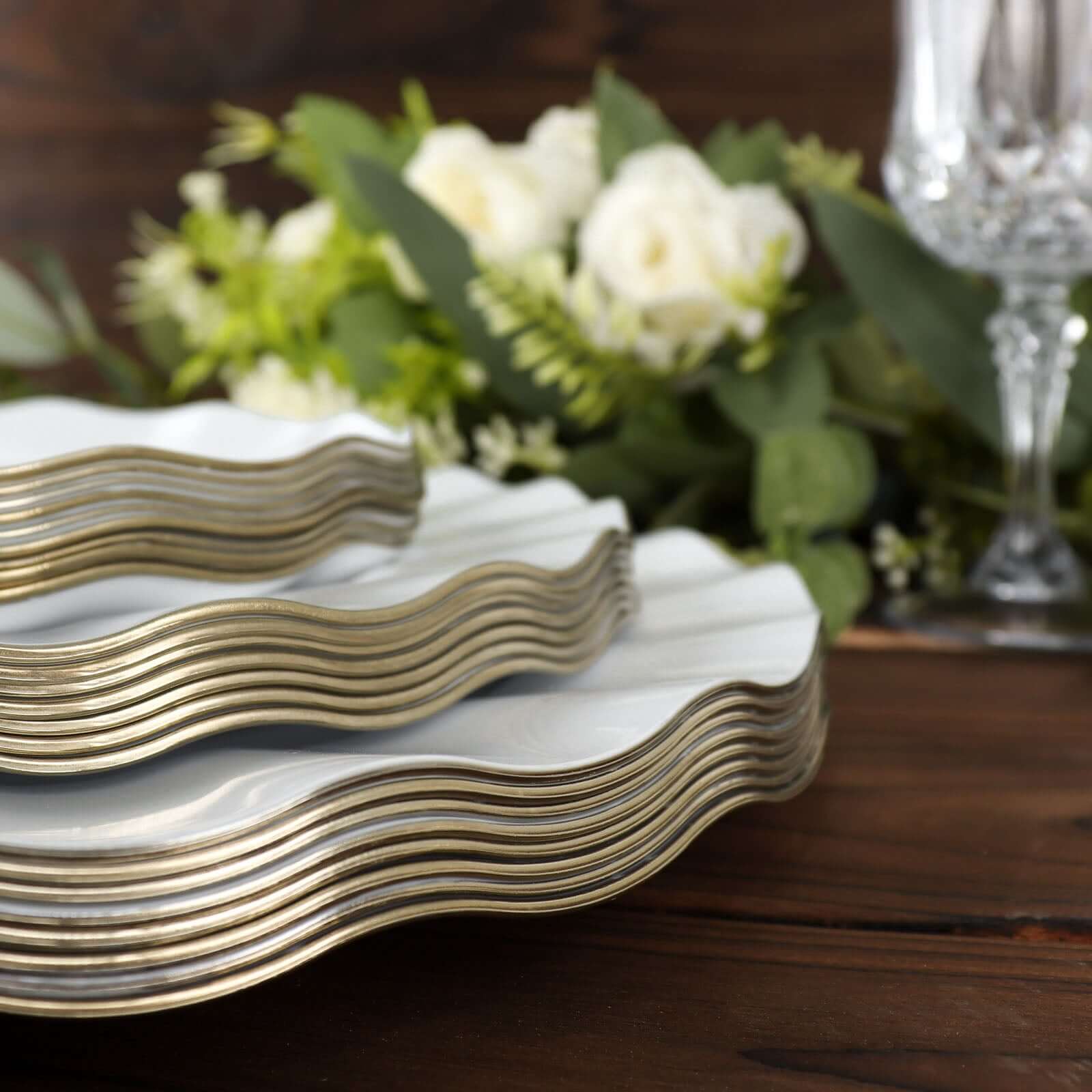 10-Pack Plastic 11 Round Dinner Plates in White Ruffled Rim with Gold Edging - Sturdy Disposable Dinnerware for Classy Events & Banquets