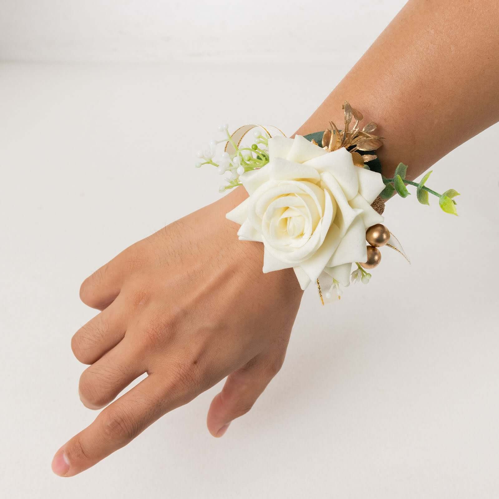 2 Pack White Artificial Rose Wrist Corsages With Pearls, 4 Flower Bracelet Wedding Accessories