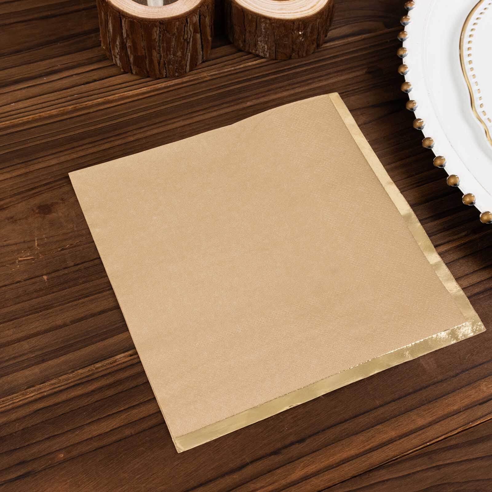 50-Pack Paper Beverage Napkins with Gold Foil Edge Natural - Disposable 2 Ply Cocktail Napkins for Events 6.5x6.5