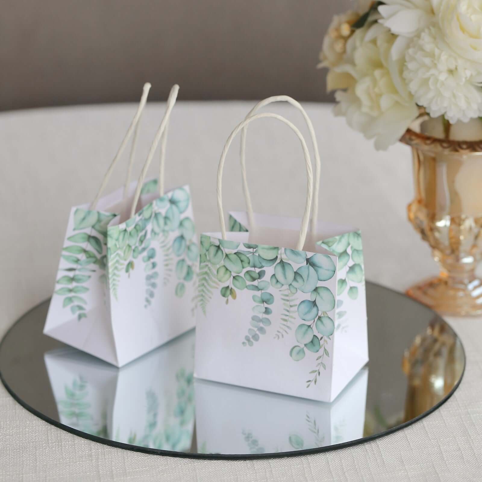 12 Pack White Green Eucalyptus Leaves Paper Party Favor Bags With Handles, Small Gift Goodie Bags - 4x4