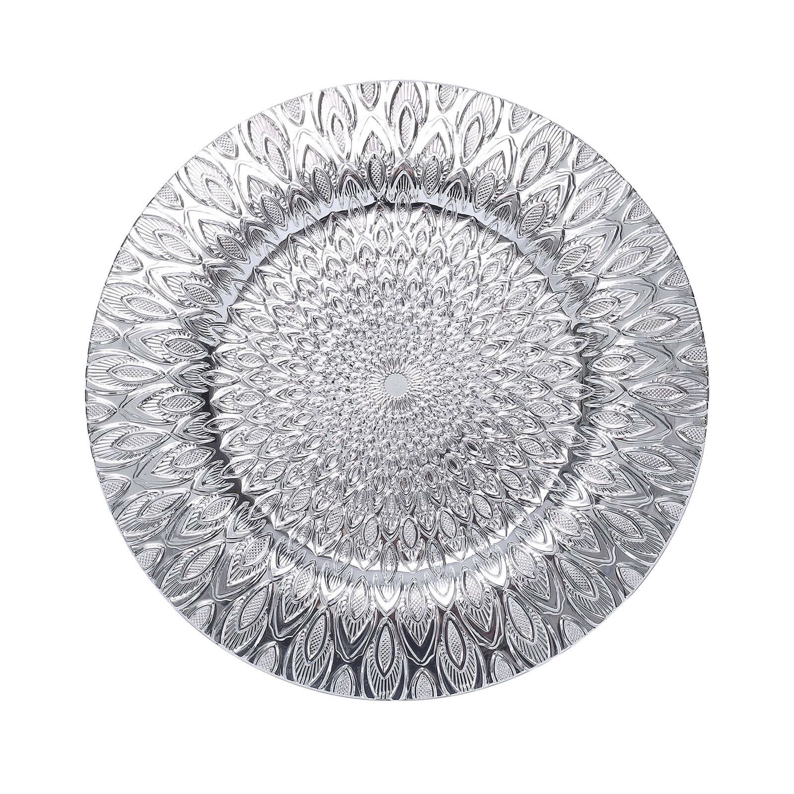 6-Pack Plastic Round Charger Plates 13 in Silver with Embossed Peacock Pattern, Stylish Disposable Charger Tableware