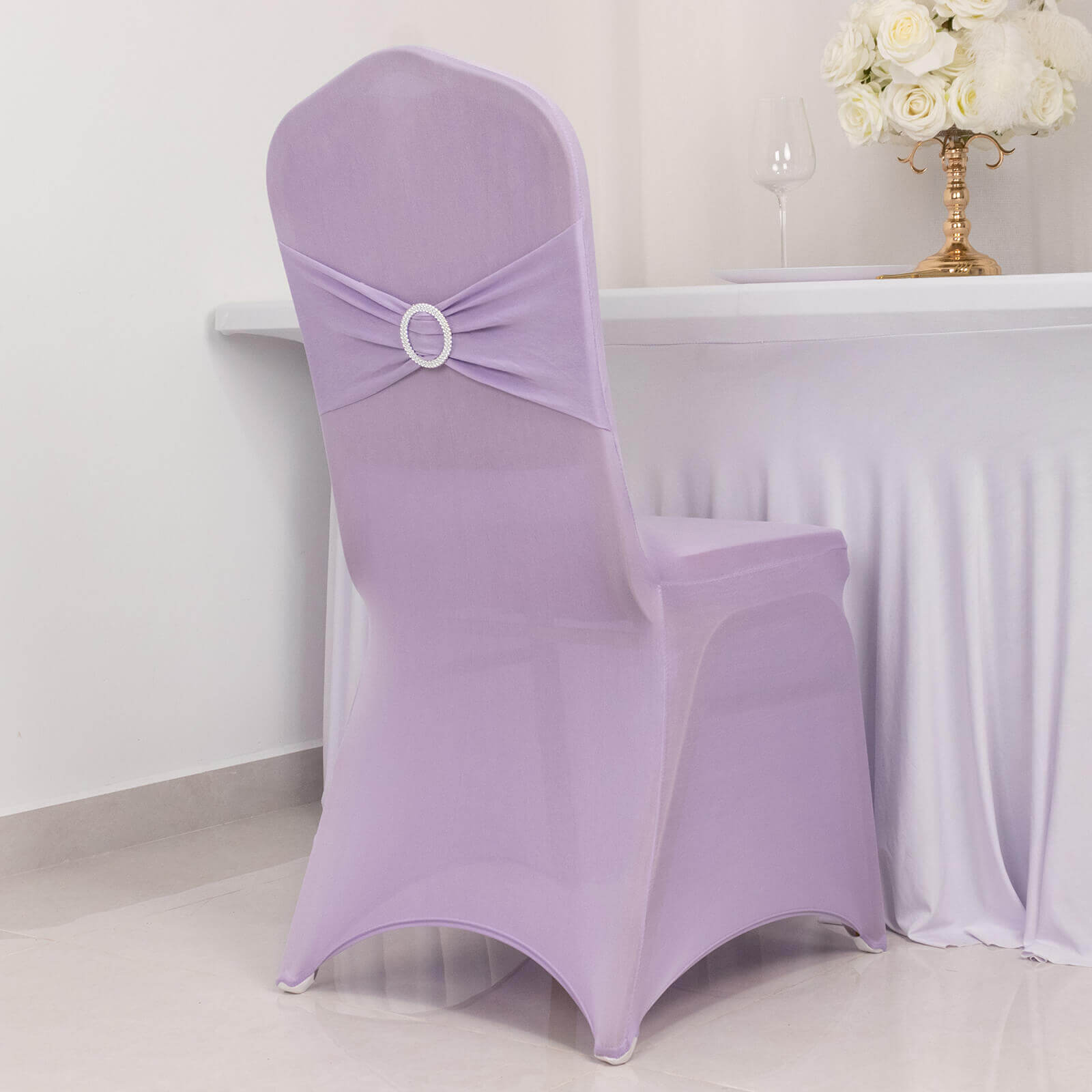 Spandex Chair Cover with Lavender Lilac Rhinestone Buckled Sash Band Blush - Stretch Fitted Slipcover