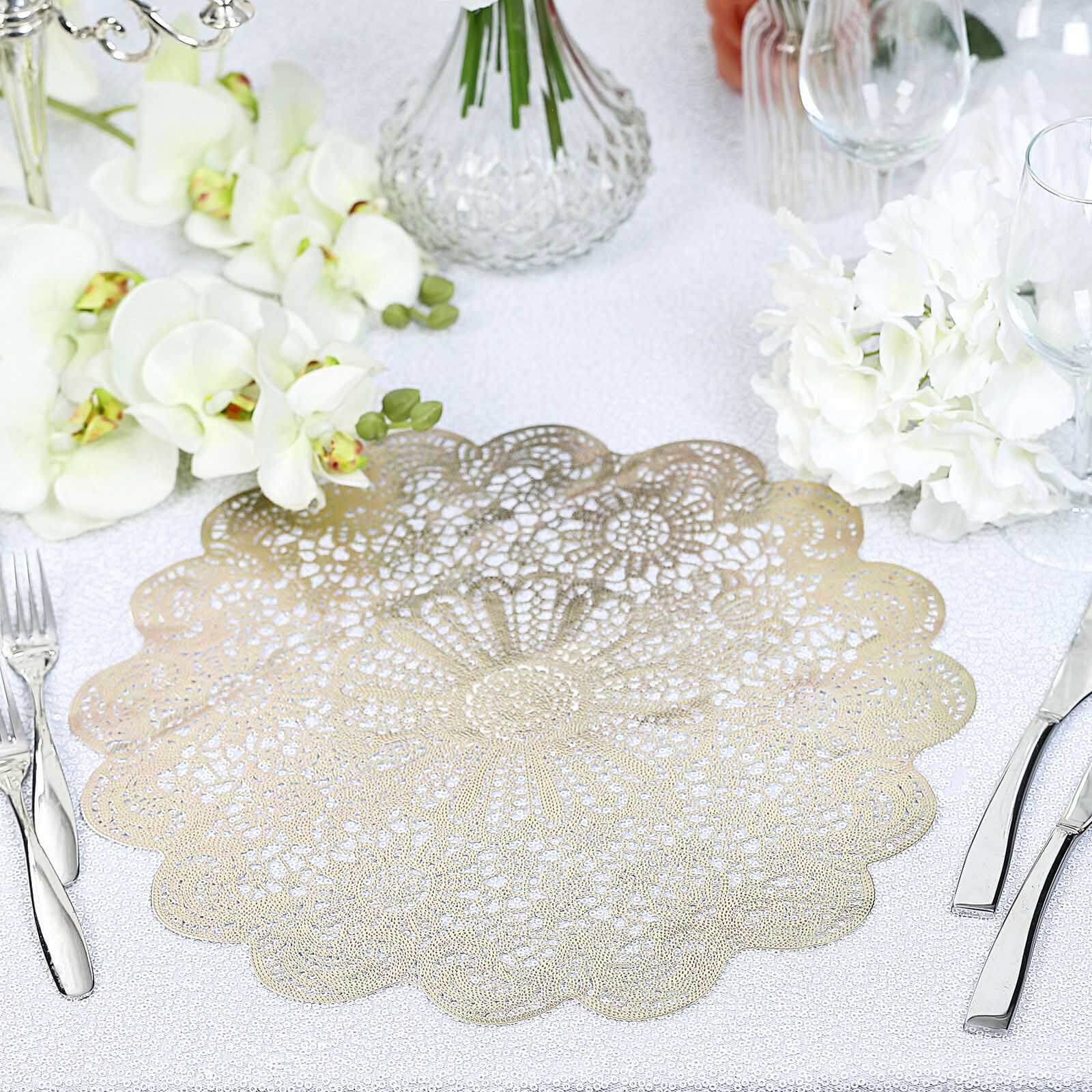 6-Pack Dining Table Mats Floral Lace Design Gold - Vinyl Non-Slip Surface with Vintage Appeal 15