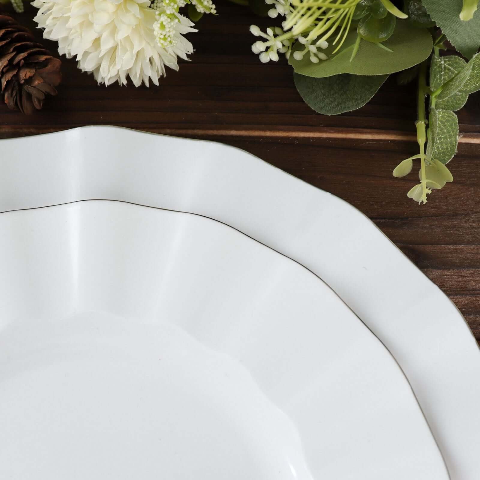 10-Pack Plastic 11 Round Dinner Plates in White Ruffled Rim with Gold Edging - Sturdy Disposable Dinnerware for Classy Events & Banquets