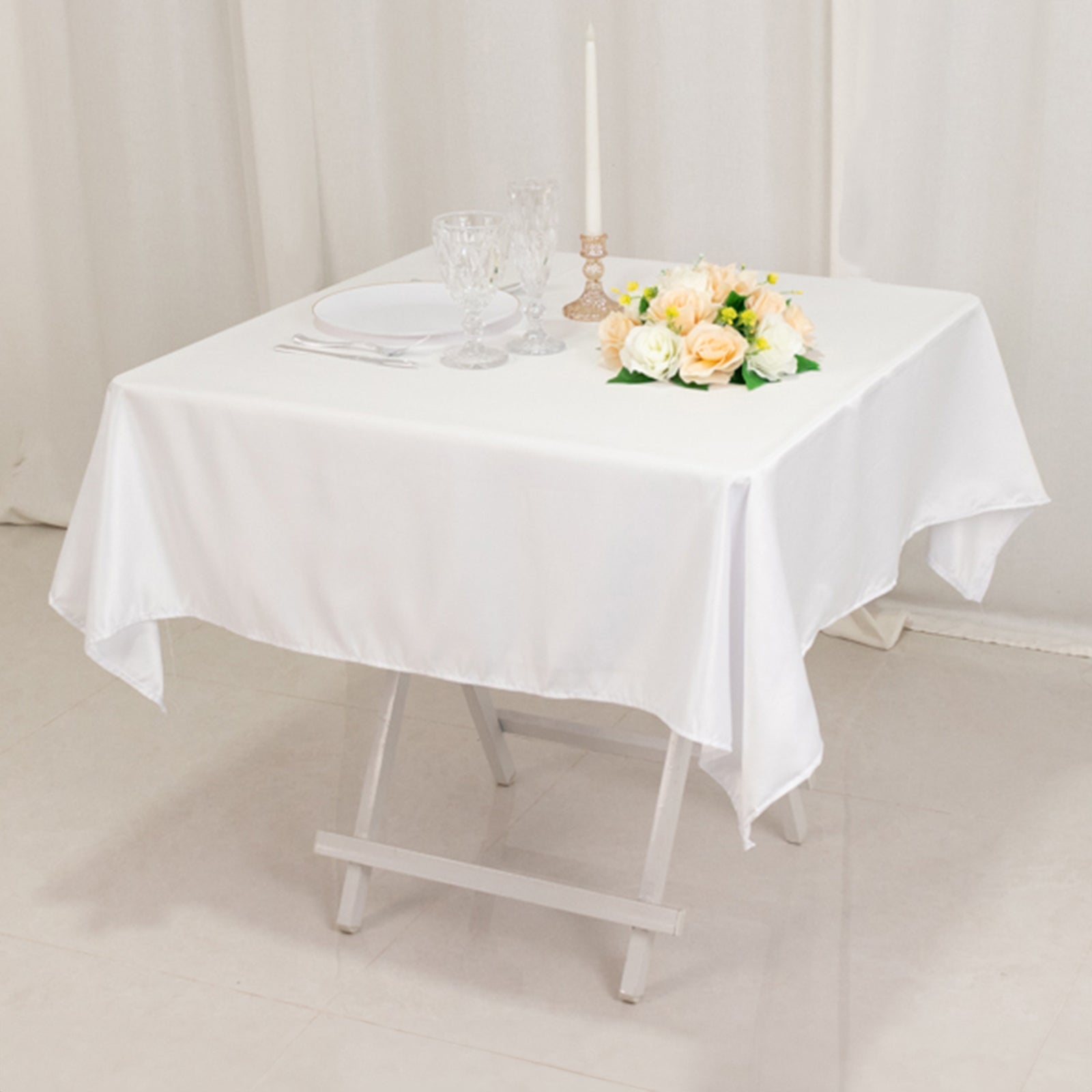 Lamour Satin 54x54 Table Overlay Square Tablecloth White - Durable & Silk-Like Table Cover for Weddings & Parties