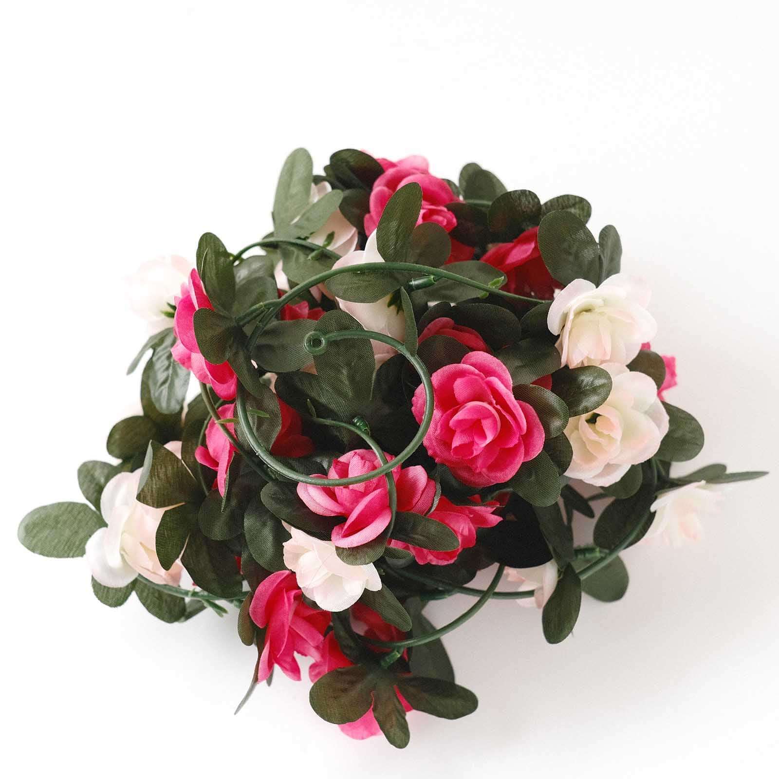 2 Pack 8ft Blush Fuchsia Artificial Silk Flower Garland Mini Rose Vines with 45 Flower Heads