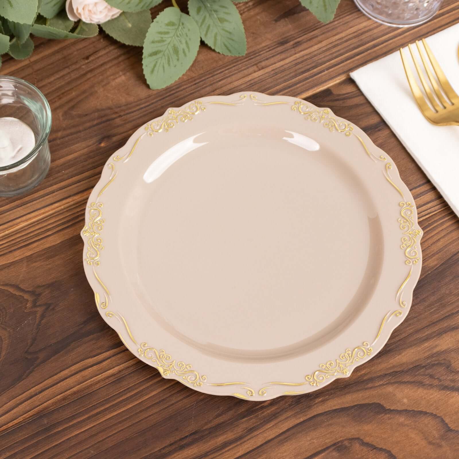 10-Pack Plastic 7 Round Dessert Plates in Taupe with Gold Vintage Embossed Rim - Sturdy Disposable Scalloped Edge Salad Plates