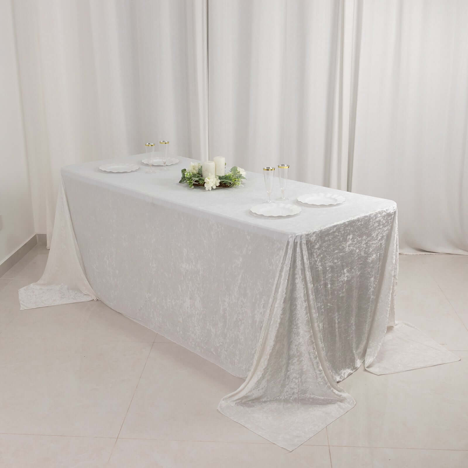 Premium Crushed Velvet 90x132 Rectangle Tablecloth White - Reusable Soft & Graceful Seamless Table Cover