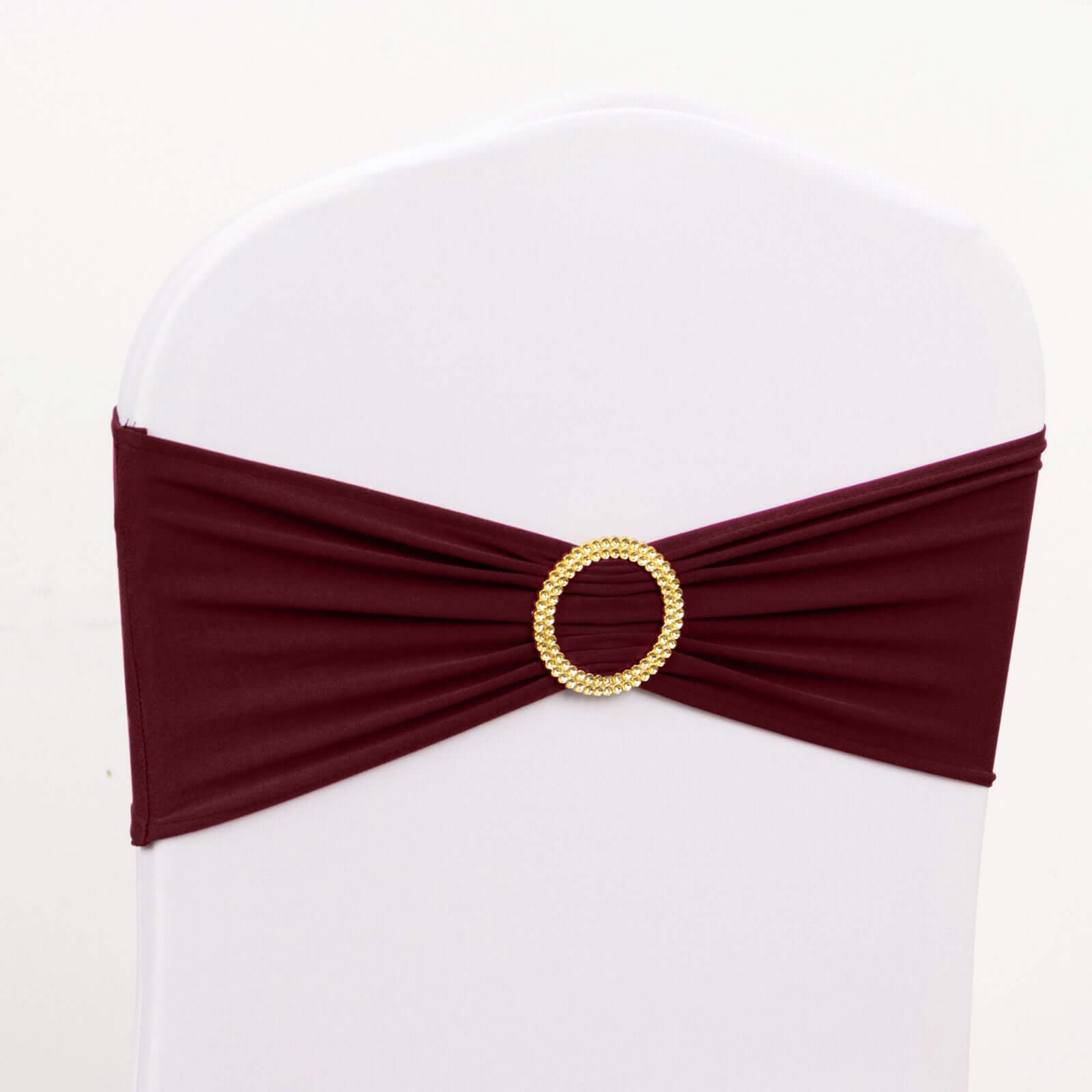 5 Pack Spandex Chair Sashes Burgundy with Gold Rhinestone Buckles - Reusable Four-Way Stretch Sash Bands 5x14