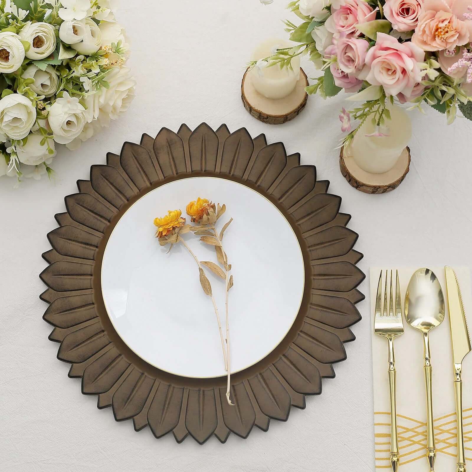 6-Pack Plastic Round Charger Plates 13 in Natural with Sunflower Rim, Matte Finish Disposable Dinner Charger Tableware