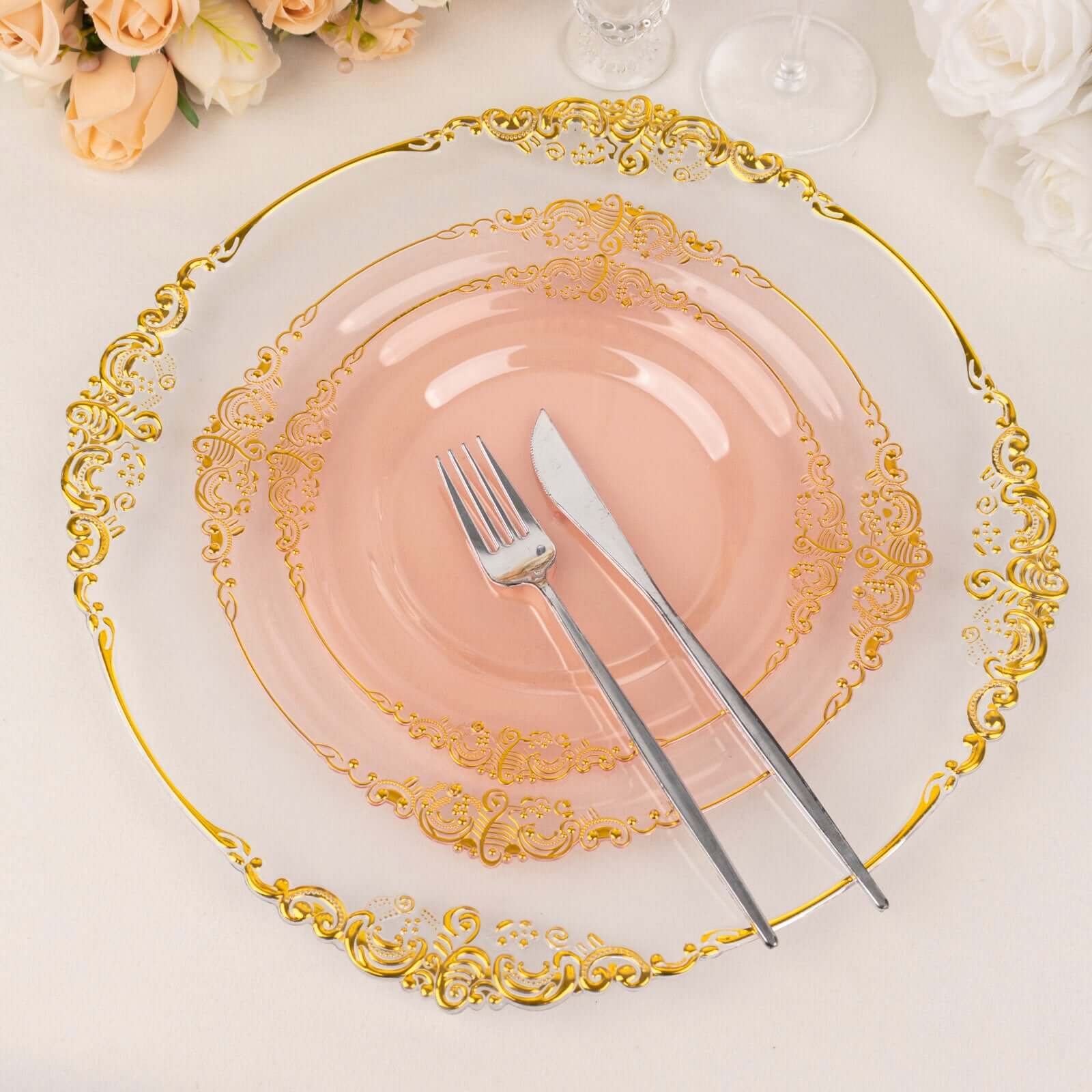 10-Pack Plastic 10 Round Dinner Plates in Transparent Blush with Gold Leaf Embossed Rim - Disposable Vintage Baroque Style Plates