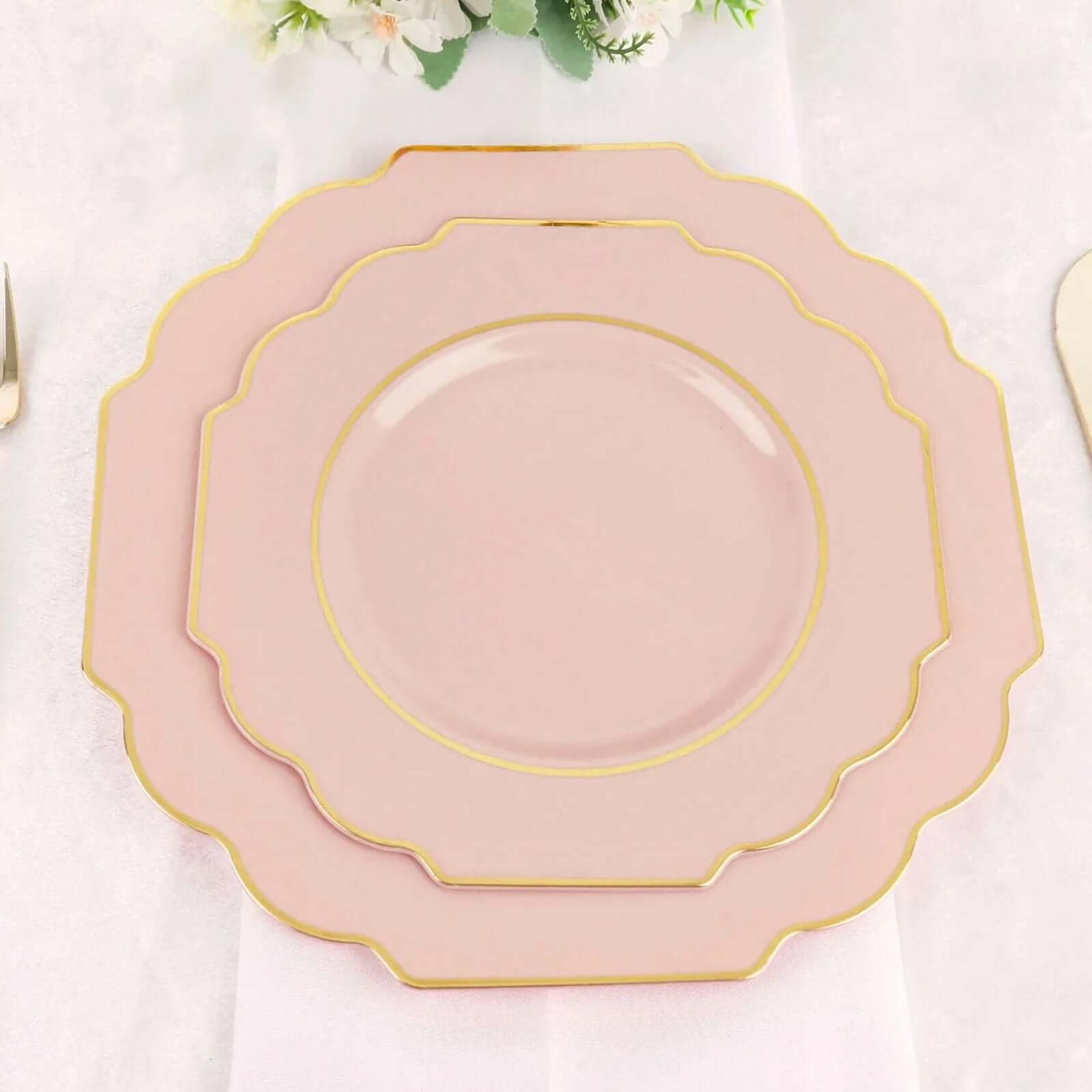 10-Pack Plastic Dessert Appetizer Plates in Blush Baroque Design with Scalloped Gold Rim - Heavy Duty Disposable Salad Plates 8