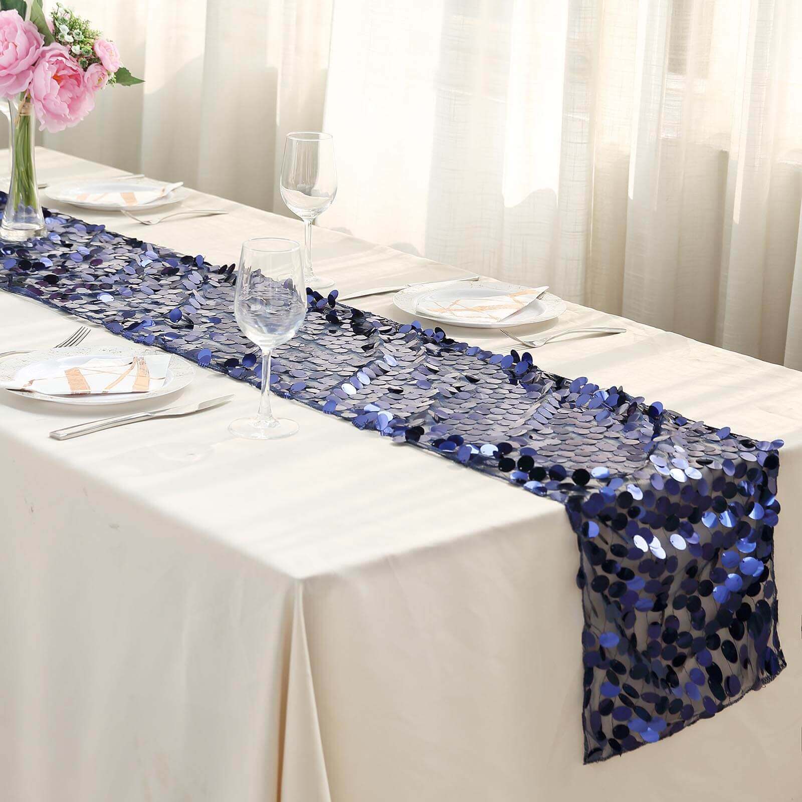 Big Payette Sequin 13x108 Table Runner Navy Blue - Dazzling Design