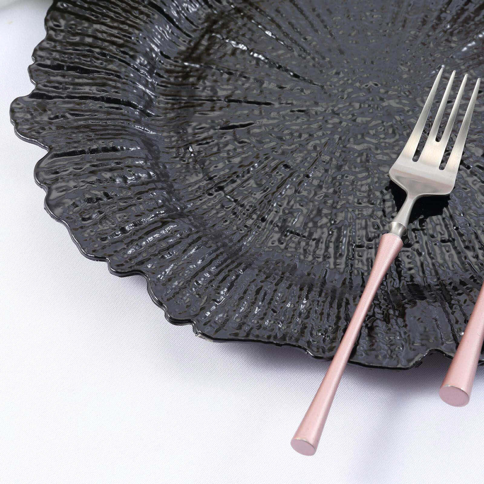 6-Pack Acrylic Plastic Round Charger Plates 13 in Black with Reef Design, Dinner Charger Tableware