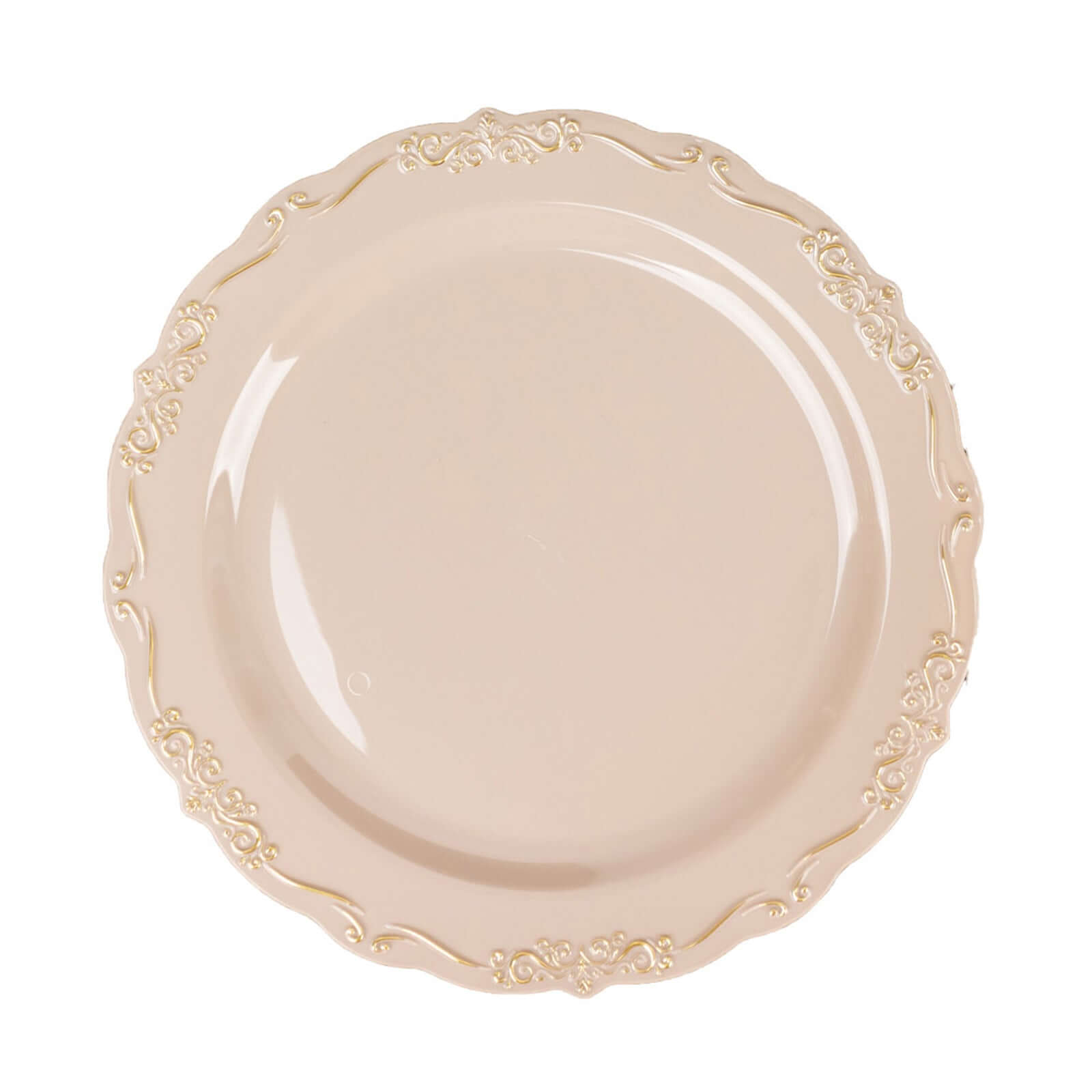 10-Pack Plastic 10 Round Dinner Plates in Taupe with Gold Vintage Embossed Rim - Sturdy Disposable Scalloped Edge Party Plates