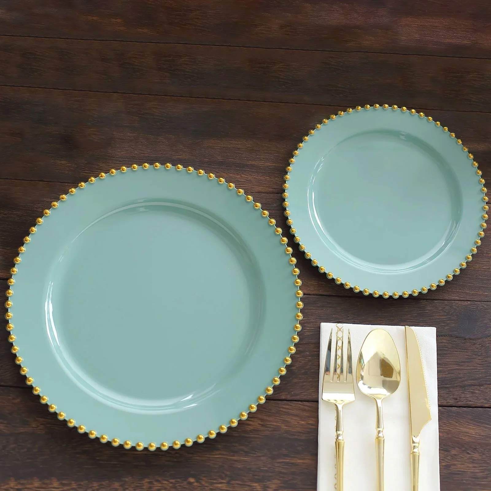 10-Pack Plastic 10 Round Dinner Plates in Dusty Sage Green with Gold Beaded Rim - Disposable Party Plates