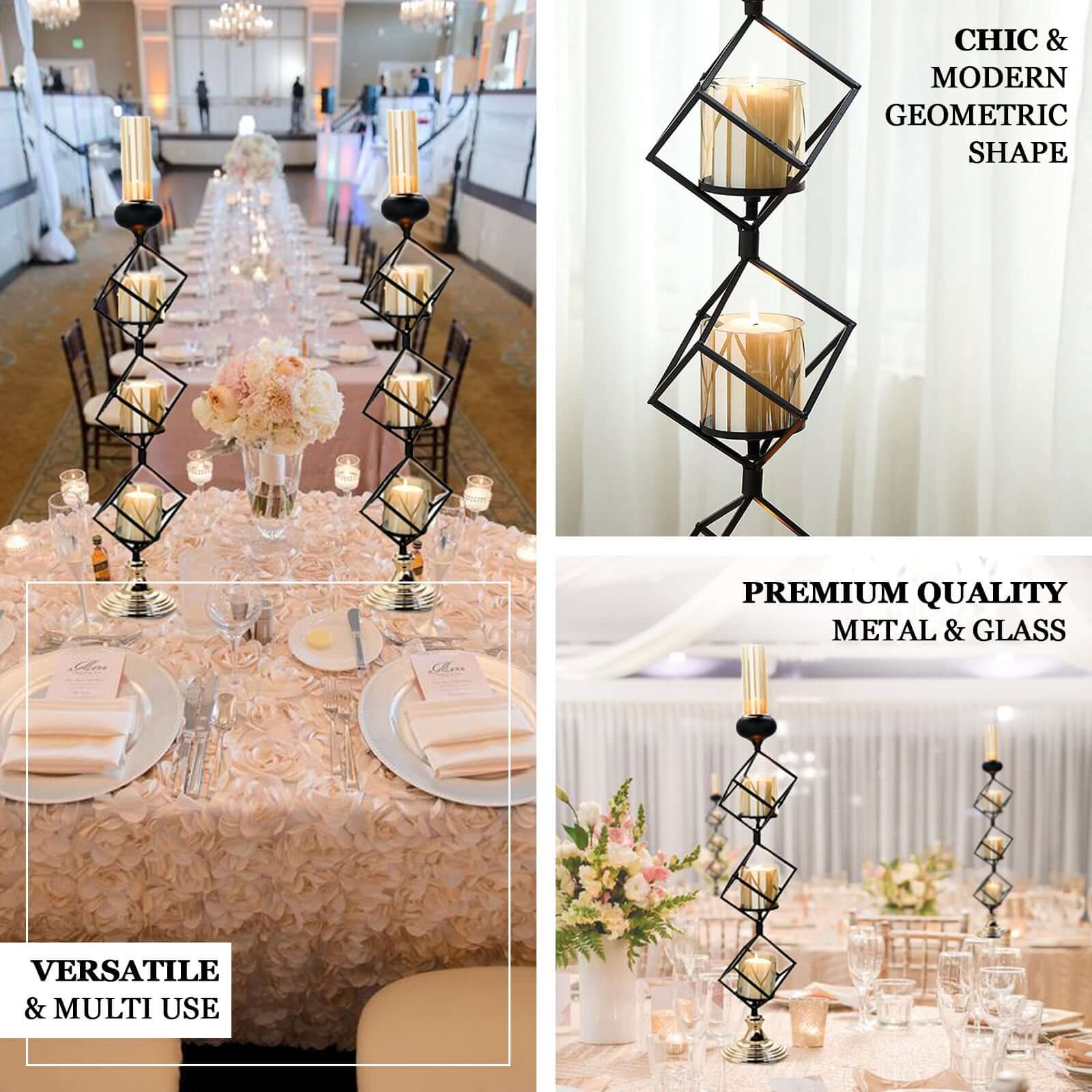 3-Tier Candle Holder Black Geometric Design with Amber Glass Votives & Gold Trim - Modern Decor for Weddings 28 Tall